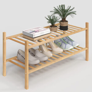 2 Tier Shoe Rack for Closet Stackable Bamboo Organizer Free Standing Shelf for Entryway Hallway