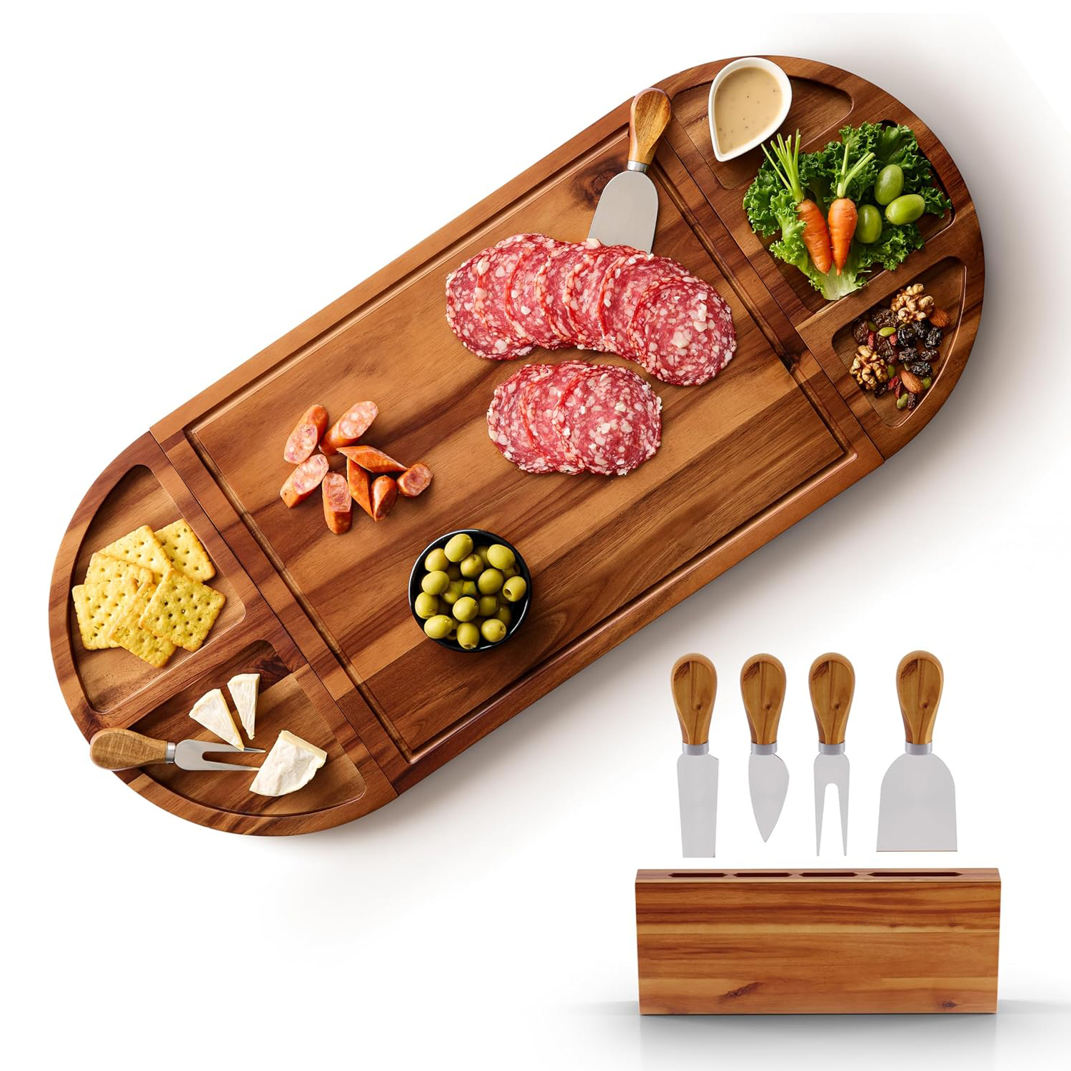 30 Inch Large Acacia Wood Charcuterie Board with 4 Knives 3 Part Round Tray for Cheese Appetizer - Image 2