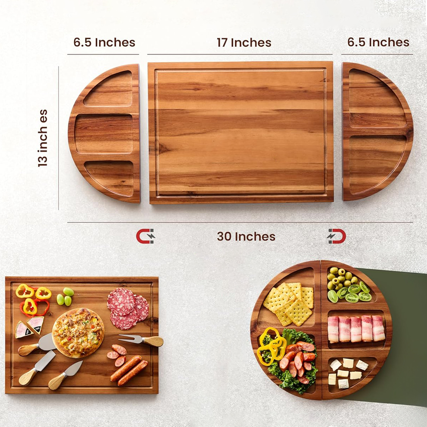 30 Inch Large Acacia Wood Charcuterie Board with 4 Knives 3 Part Round Tray for Cheese Appetizer - Image 3