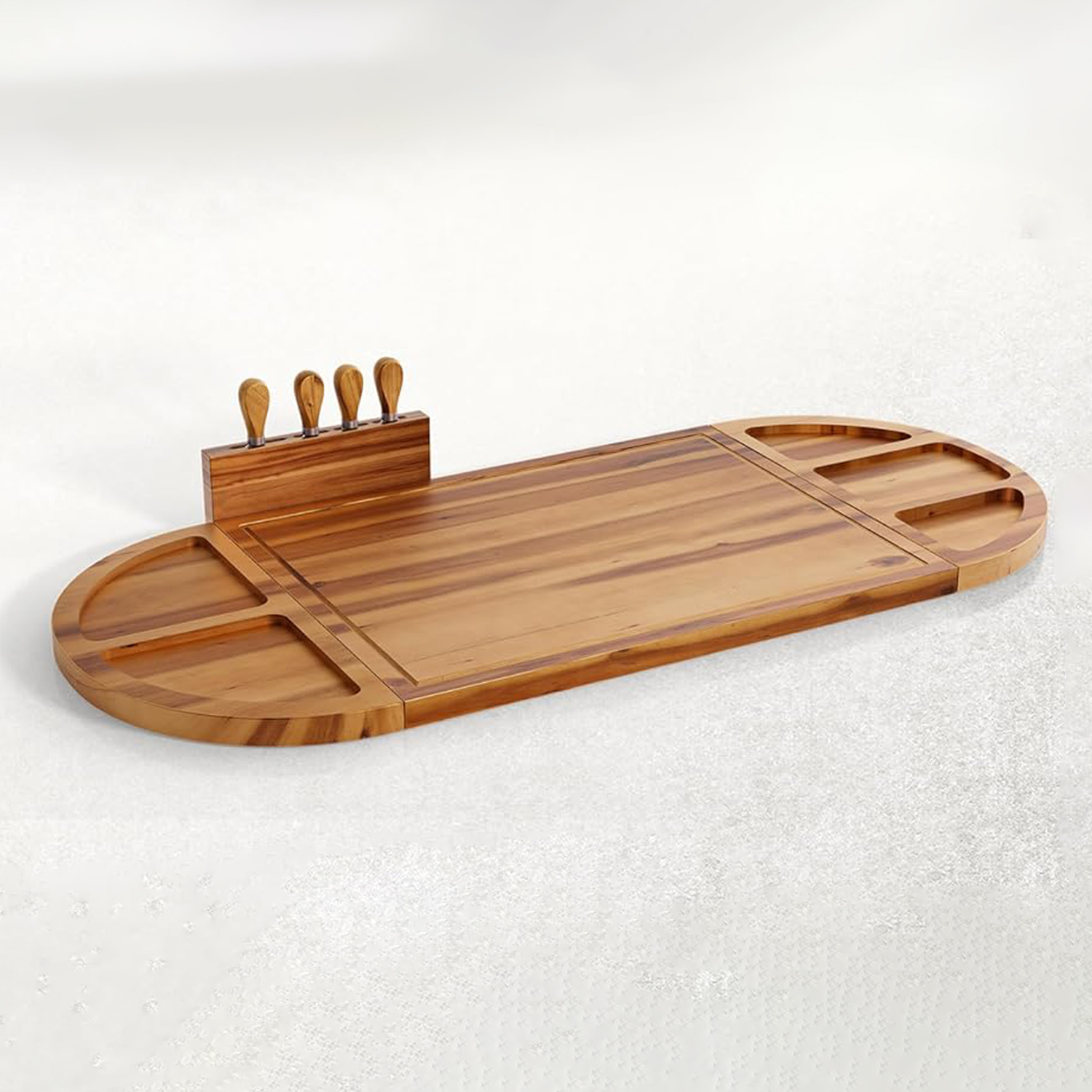 30 Inch Large Acacia Wood Charcuterie Board with 4 Knives 3 Part Round Tray for Cheese Appetizer