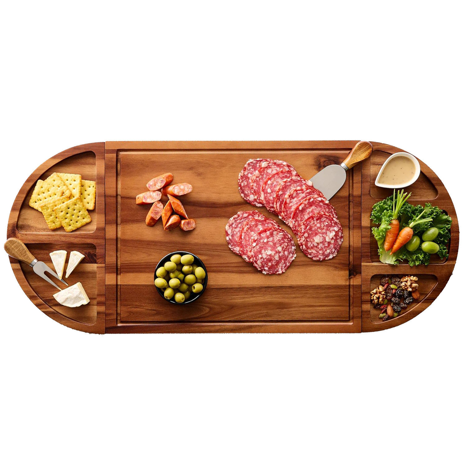 30 Inch Large Acacia Wood Charcuterie Board with 4 Knives 3 Part Round Tray for Cheese Appetizer - Image 5