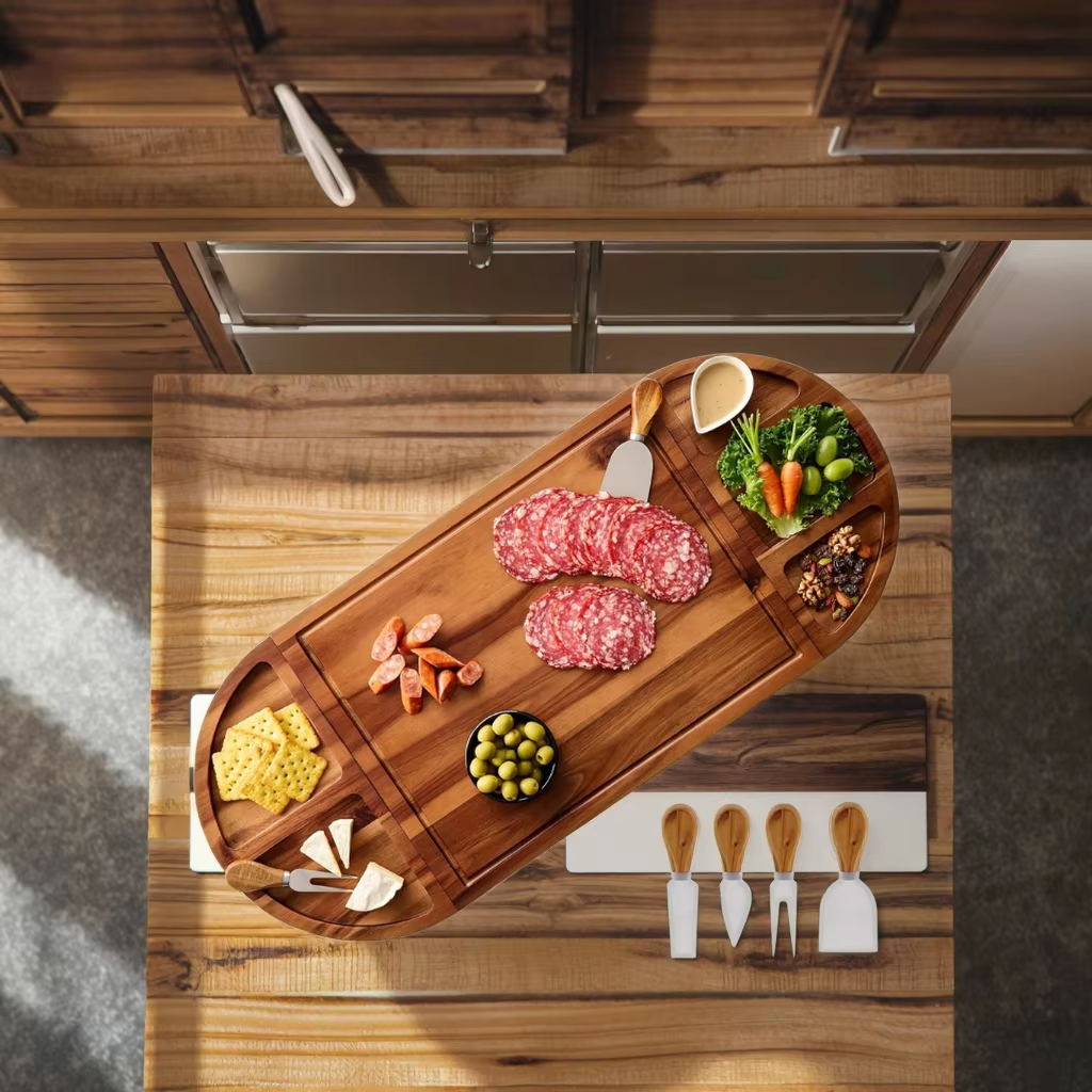 30 Inch Large Acacia Wood Charcuterie Board with 4 Knives 3 Part Round Tray for Cheese Appetizer - Image 6