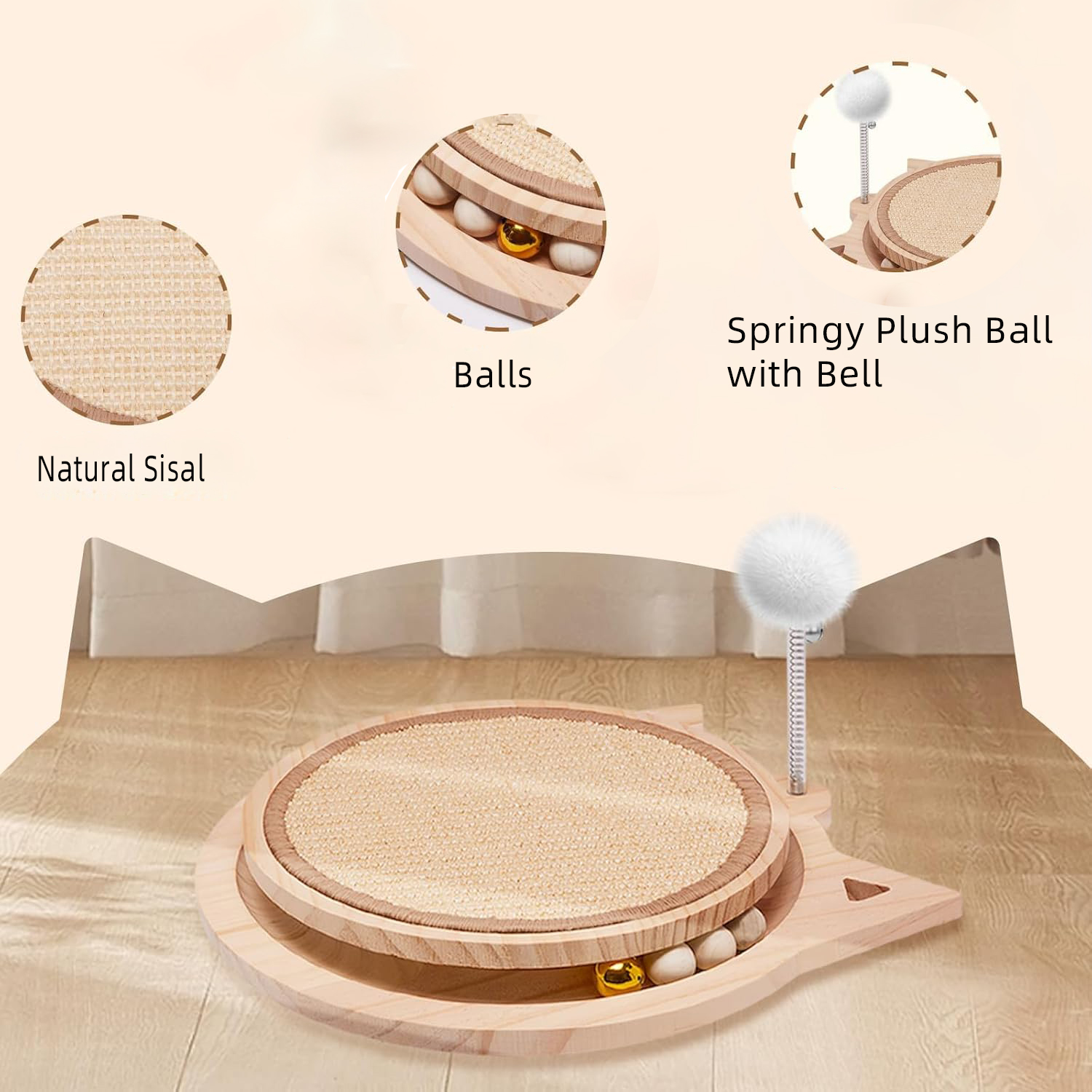 Natural Sisal Cat Scratcher, Round Cat Toys for Indoor Cats Interactive Toys with Ball Track Spring Ball - Image 3
