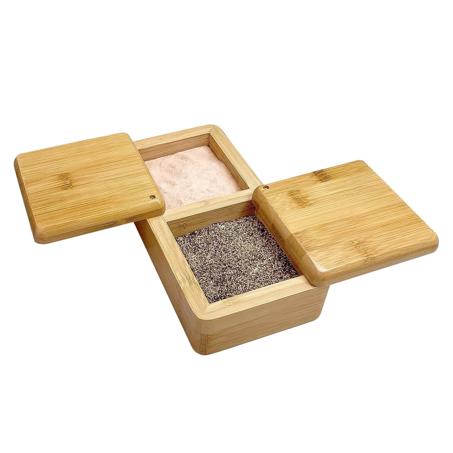 Bamboo Dual-Compartment Storage Box with Lid Natural Salt Pepper Cellar Condiment Container Wood Spice Jar - Image 2