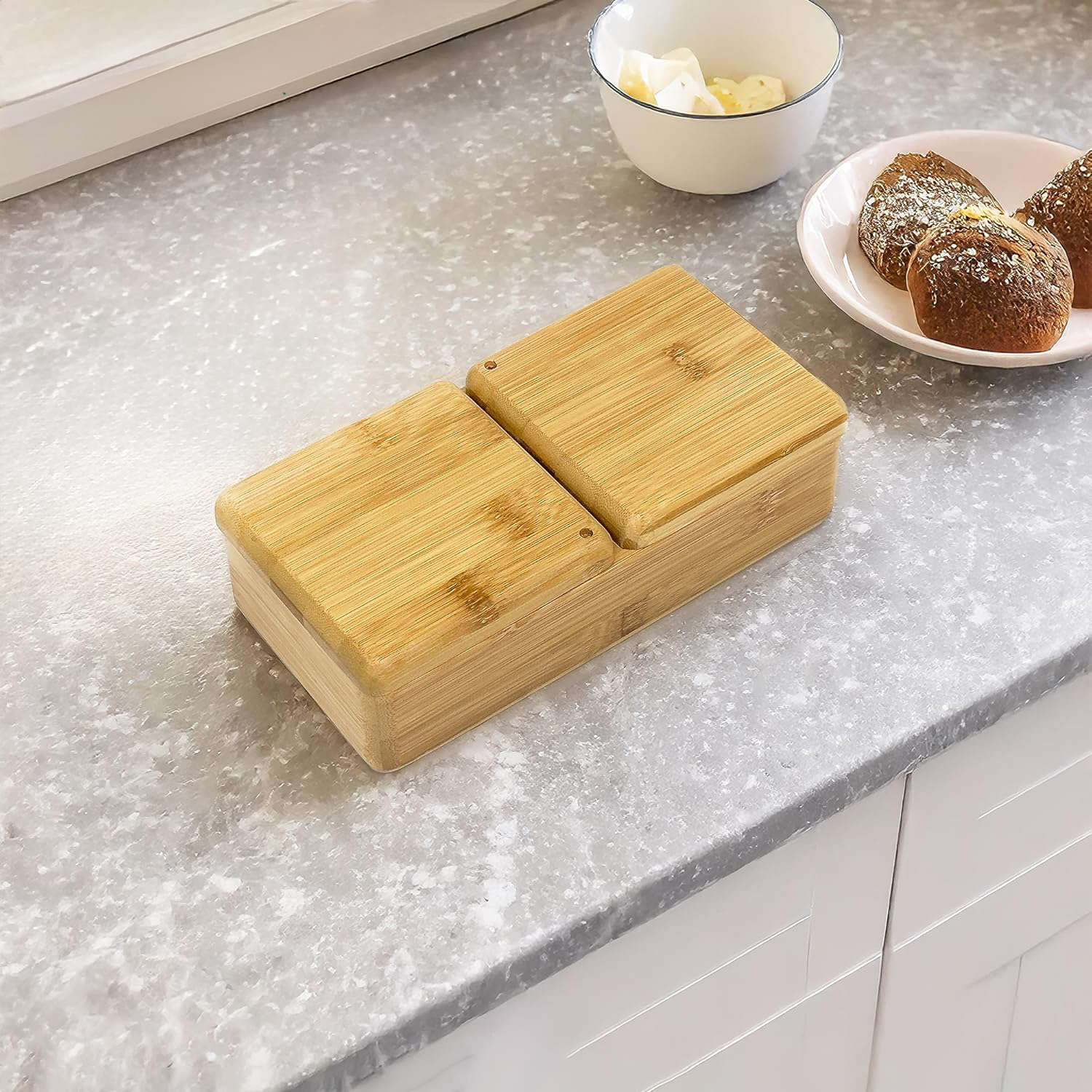 Bamboo Dual-Compartment Storage Box with Lid Natural Salt Pepper Cellar Condiment Container Wood Spice Jar - Image 5