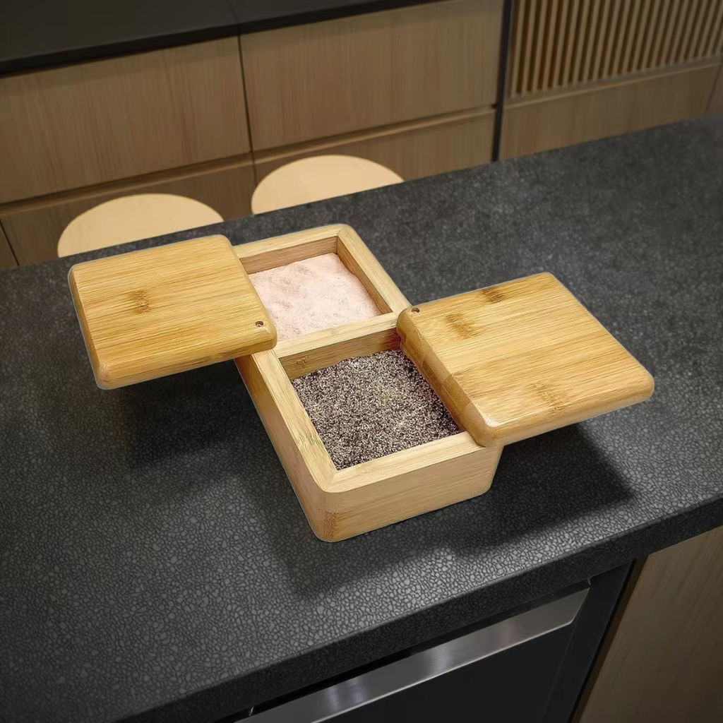 Bamboo Dual-Compartment Storage Box with Lid Natural Salt Pepper Cellar Condiment Container Wood Spice Jar - Image 7