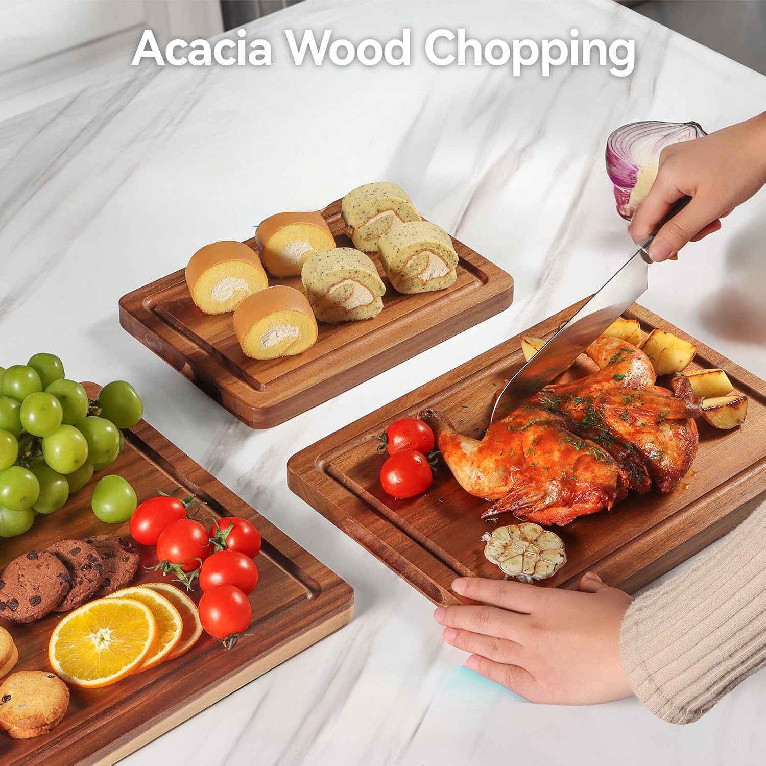Acacia Wood Cutting Board Wood Cutting Board for Kitchen with Holder with Deep Juice Grooves Wooden Chopping Board for Meat Vegetables Set of 3 - Image 4