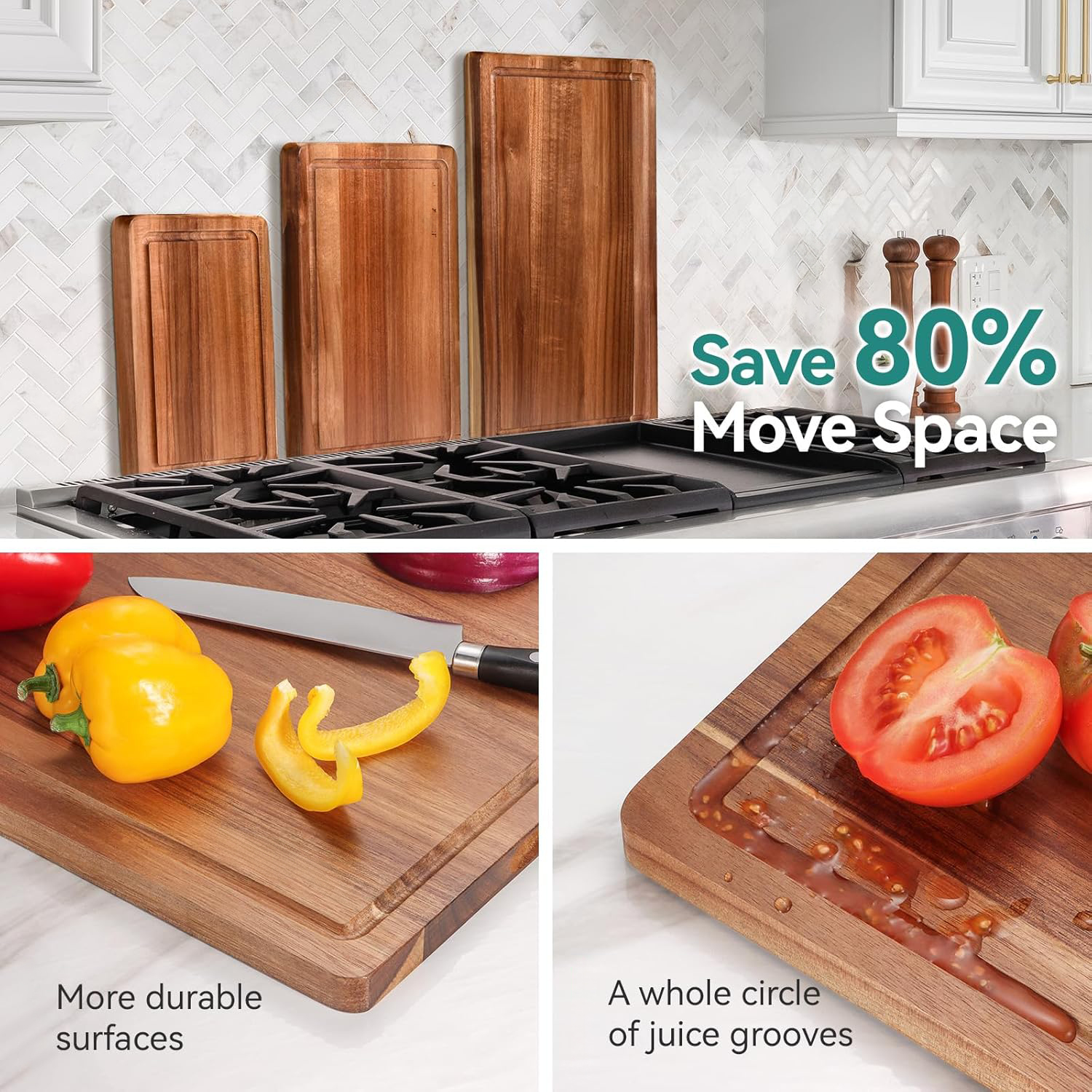 Acacia Wood Cutting Board Wood Cutting Board for Kitchen with Holder with Deep Juice Grooves Wooden Chopping Board for Meat Vegetables Set of 3 - Image 6