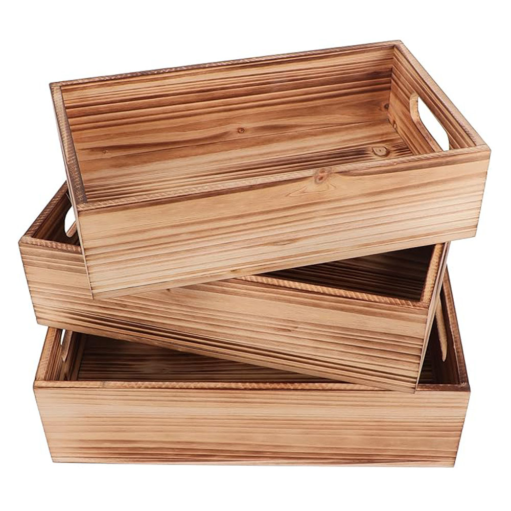 Set of 3 Nesting Pine Wood Crates - Rustic Farmhouse Storage Boxes with Handles for Home Decor