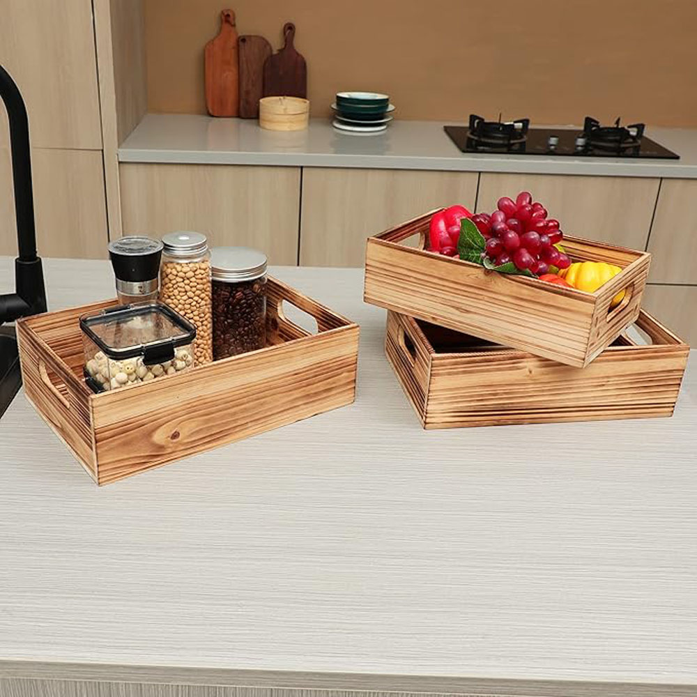 Set of 3 Nesting Pine Wood Crates - Rustic Farmhouse Storage Boxes with Handles for Home Decor - Image 3