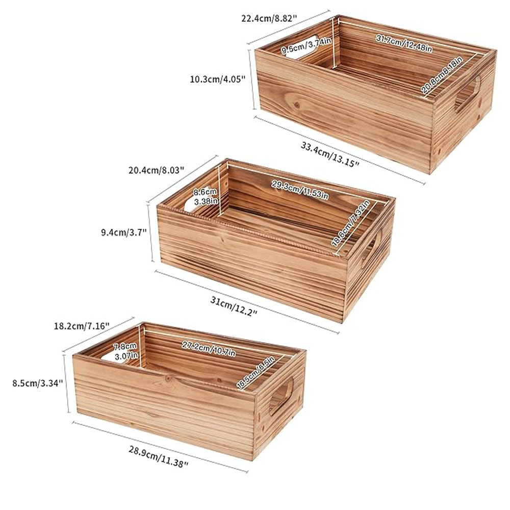 Set of 3 Nesting Pine Wood Crates - Rustic Farmhouse Storage Boxes with Handles for Home Decor - Image 4