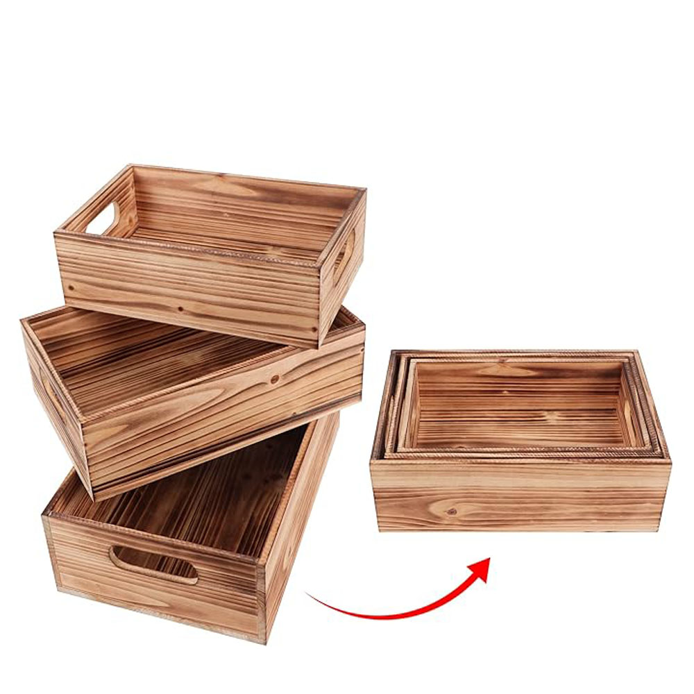 Set of 3 Nesting Pine Wood Crates - Rustic Farmhouse Storage Boxes with Handles for Home Decor - Image 5