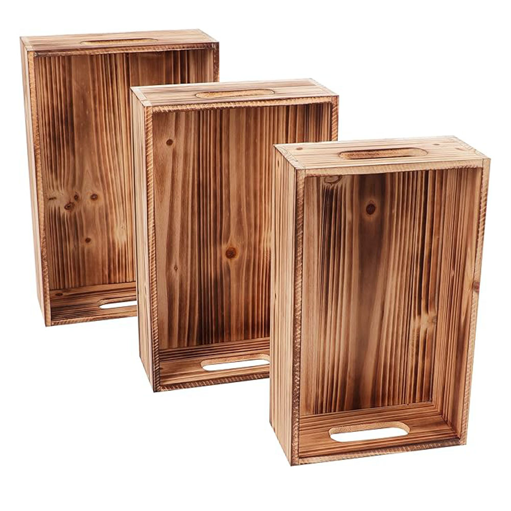 Set of 3 Nesting Pine Wood Crates - Rustic Farmhouse Storage Boxes with Handles for Home Decor - Image 6