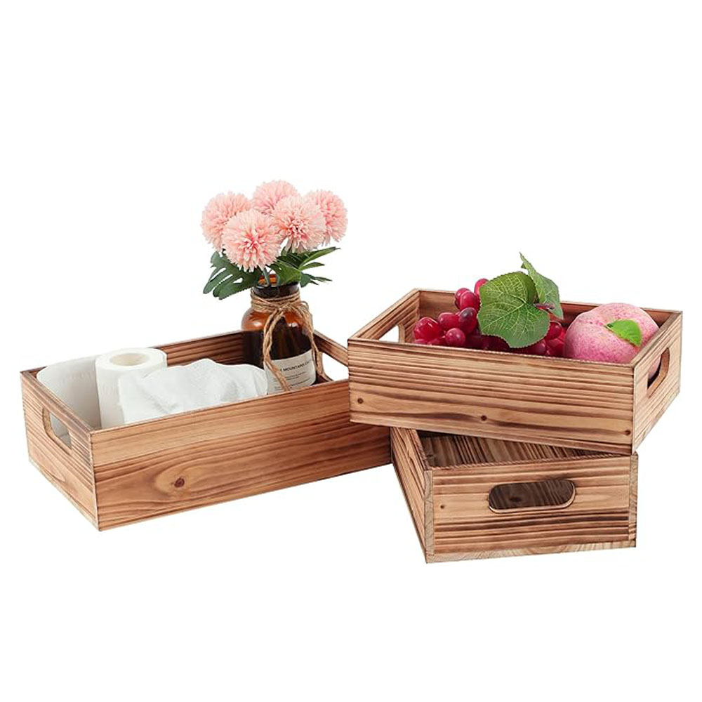 Set of 3 Nesting Pine Wood Crates - Rustic Farmhouse Storage Boxes with Handles for Home Decor - Image 7