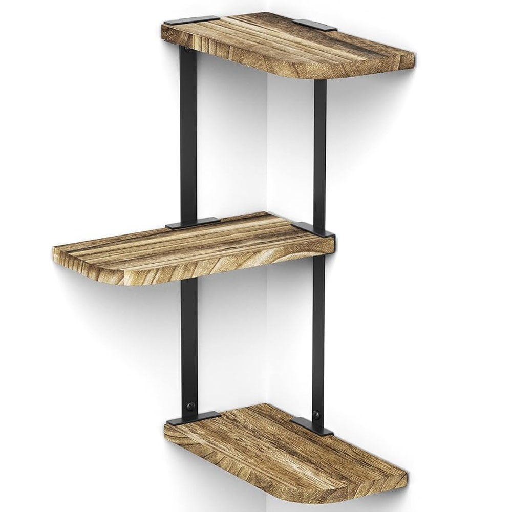 Rustic Farmhouse Corner Shelf - 3-Tier Carbonized Black Wood Wall Shelves for Living Room, Bathroom, Bedroom - Image 2