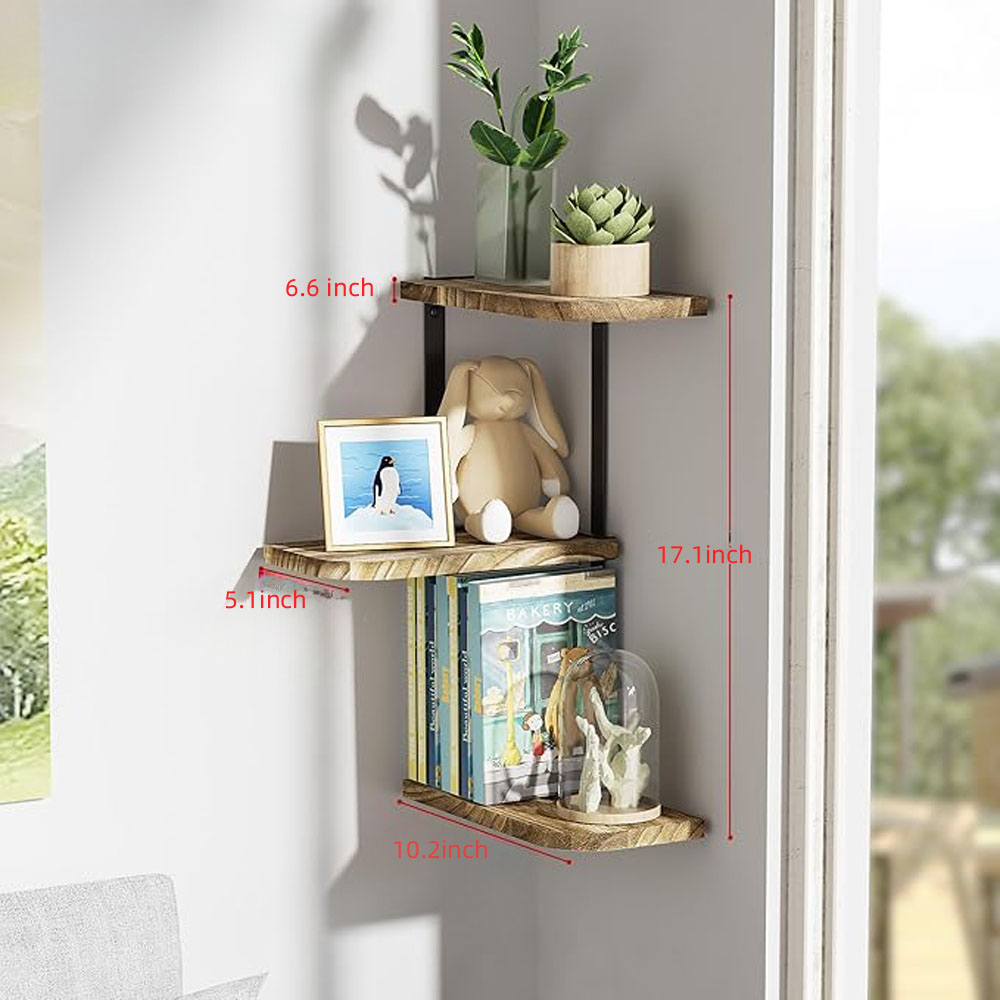 Rustic Farmhouse Corner Shelf - 3-Tier Carbonized Black Wood Wall Shelves for Living Room, Bathroom, Bedroom - Image 4