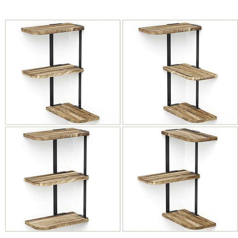 Rustic Farmhouse Corner Shelf - 3-Tier Carbonized Black Wood Wall Shelves for Living Room, Bathroom, Bedroom - Image 5
