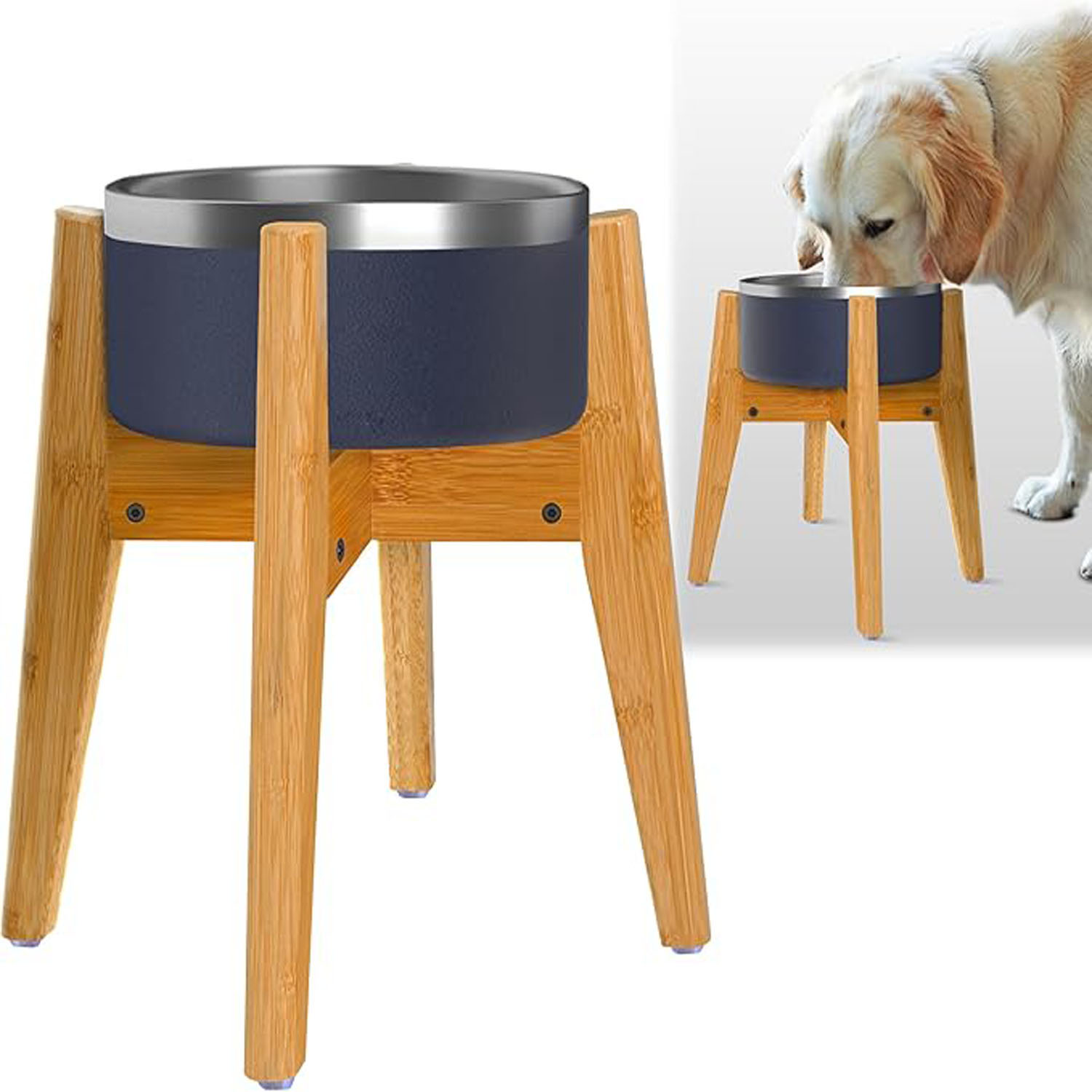 Adjustable bamboo dog bowl stand