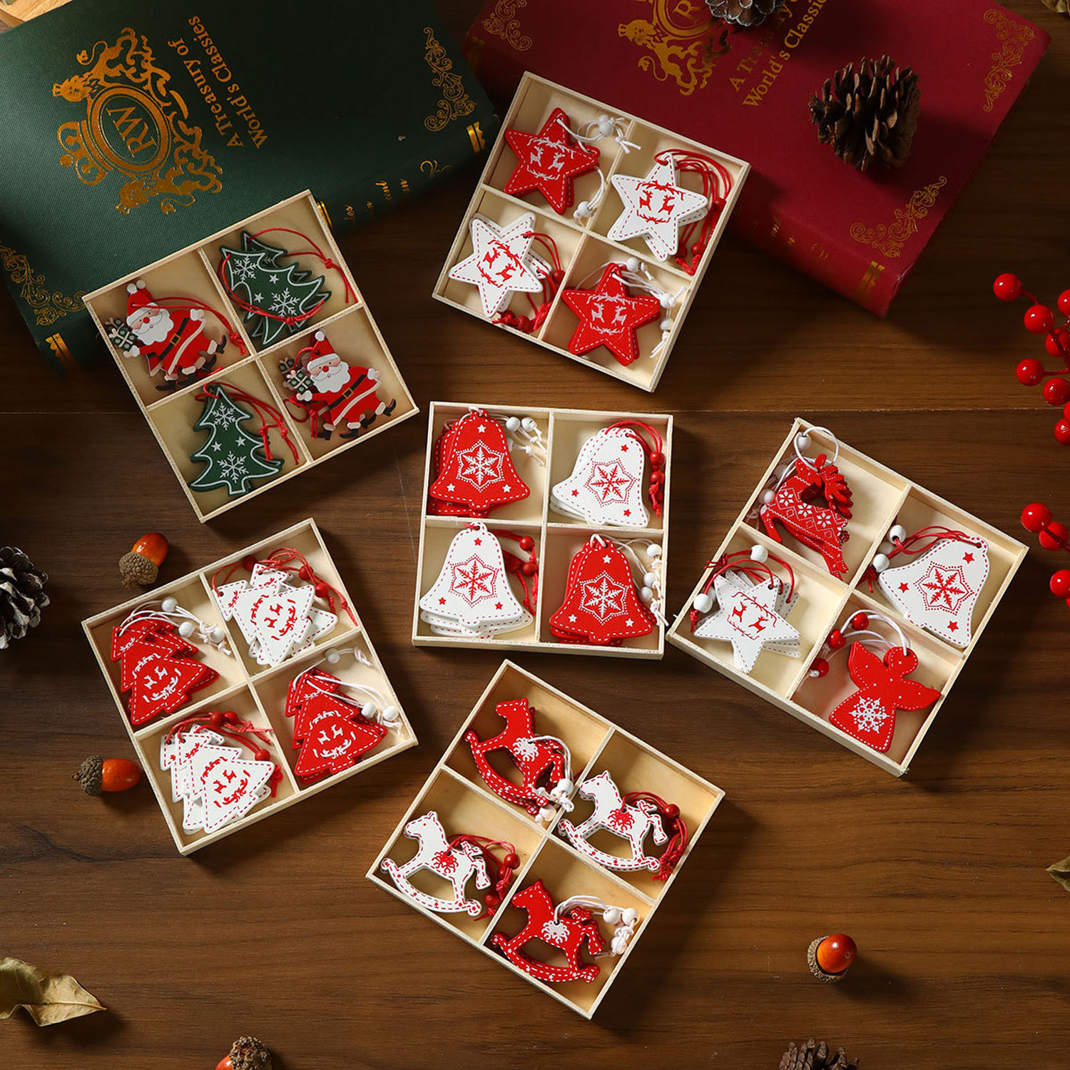 Christmas tree wooden ornaments 9-style set