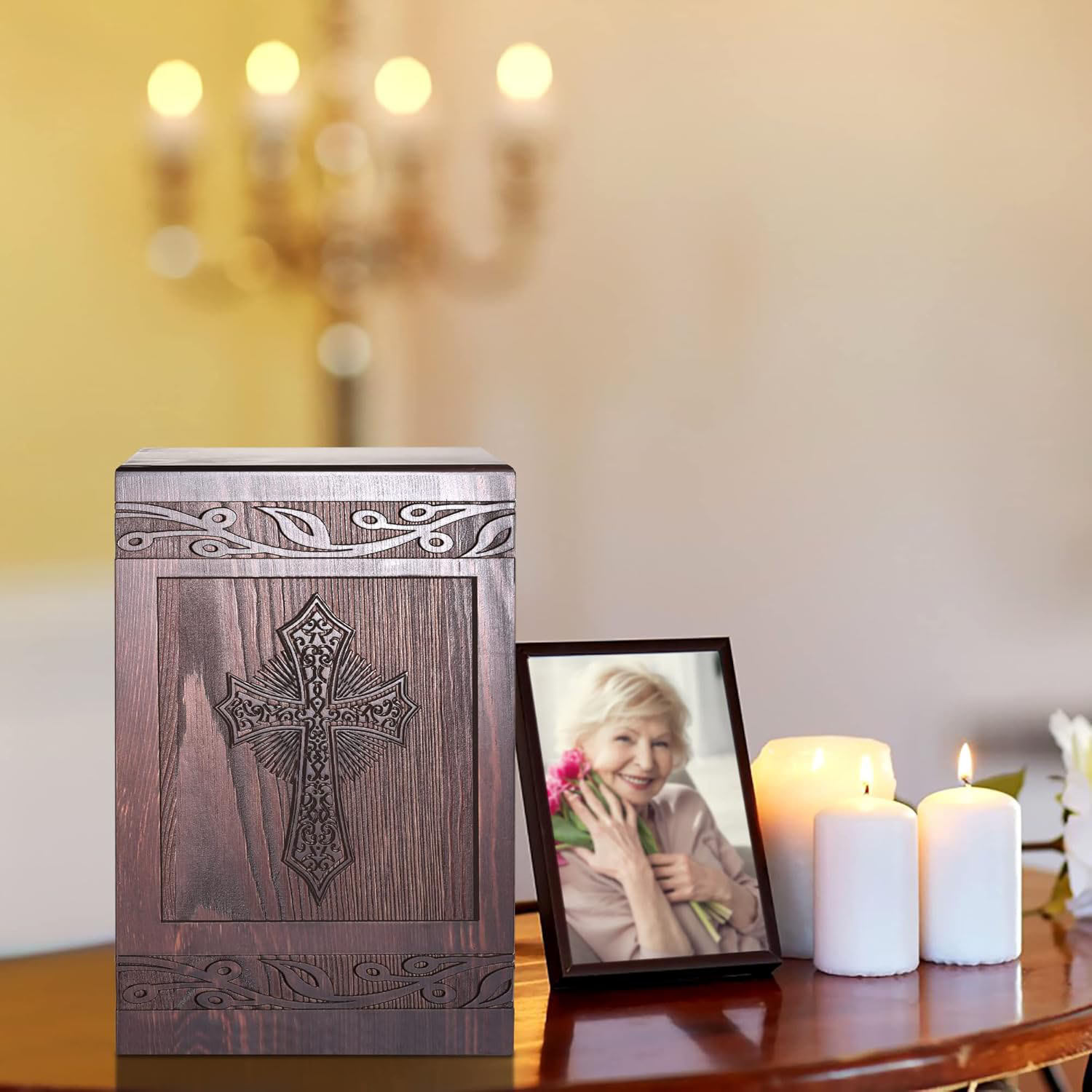 Hand-Carved Cross Urn for Ashes - 222 Cu In Solid Wood Cremation Urn for Human & Pet Ashes (Adult, Child, Cats, Dogs) - Image 4