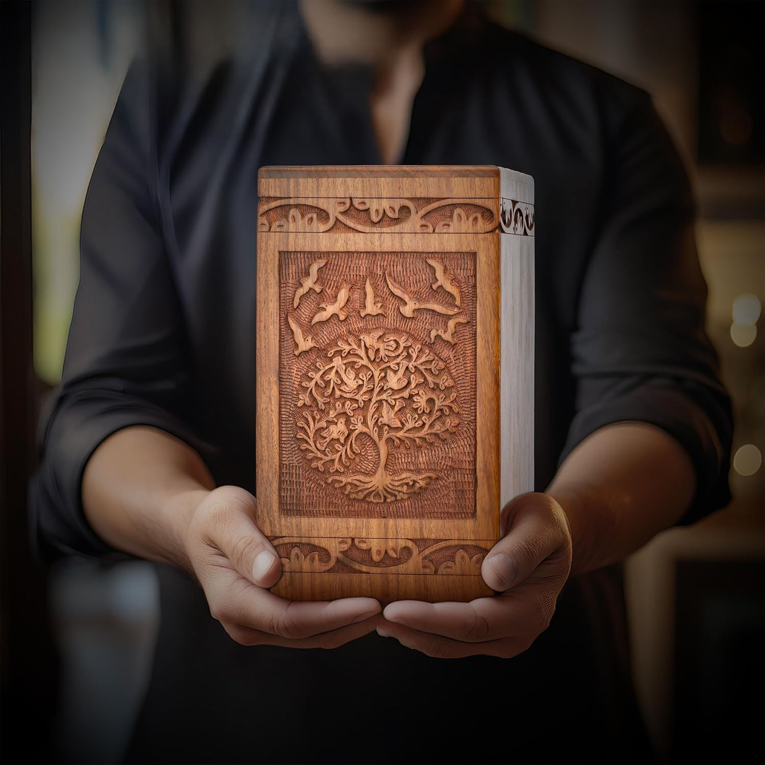 Tree of Life Wooden Urn for Ashes - Hand-Carved Symbolism, Holds up to 180 lb Adult, Decorative Memorial Chest - Image 6