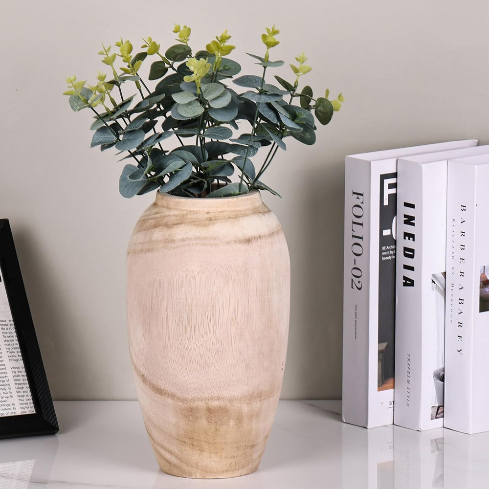 10.6" Tall Round Wooden Vase - Rustic Farmhouse Centerpiece for Home Decor, Handcrafted Floor & Table Vase - Image 3