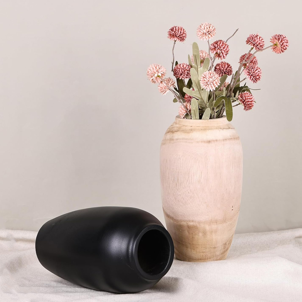 10.6" Tall Round Wooden Vase - Rustic Farmhouse Centerpiece for Home Decor, Handcrafted Floor & Table Vase - Image 4