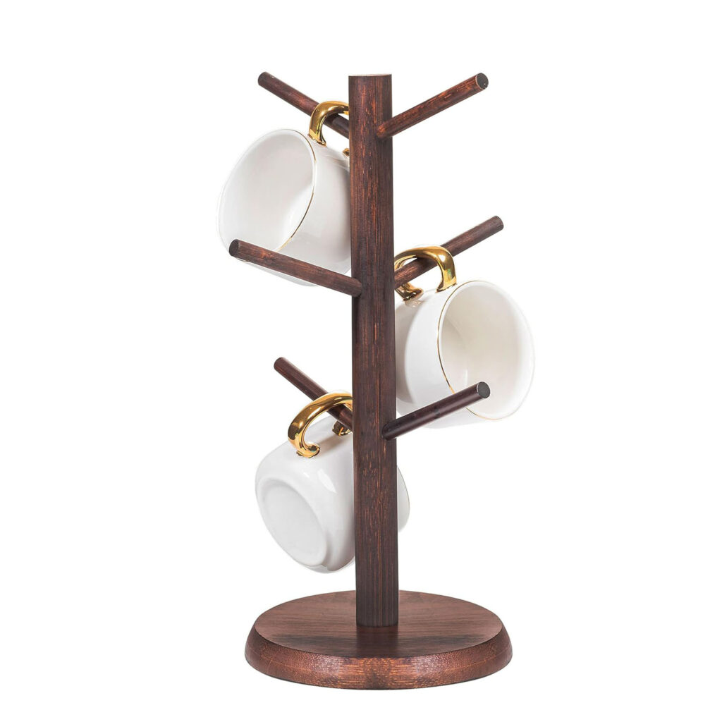 Wood Coffee Mug Holders for Counter Coffee Bar Accessories Coffee Organizer Station with 6 Hooks Mug Tree