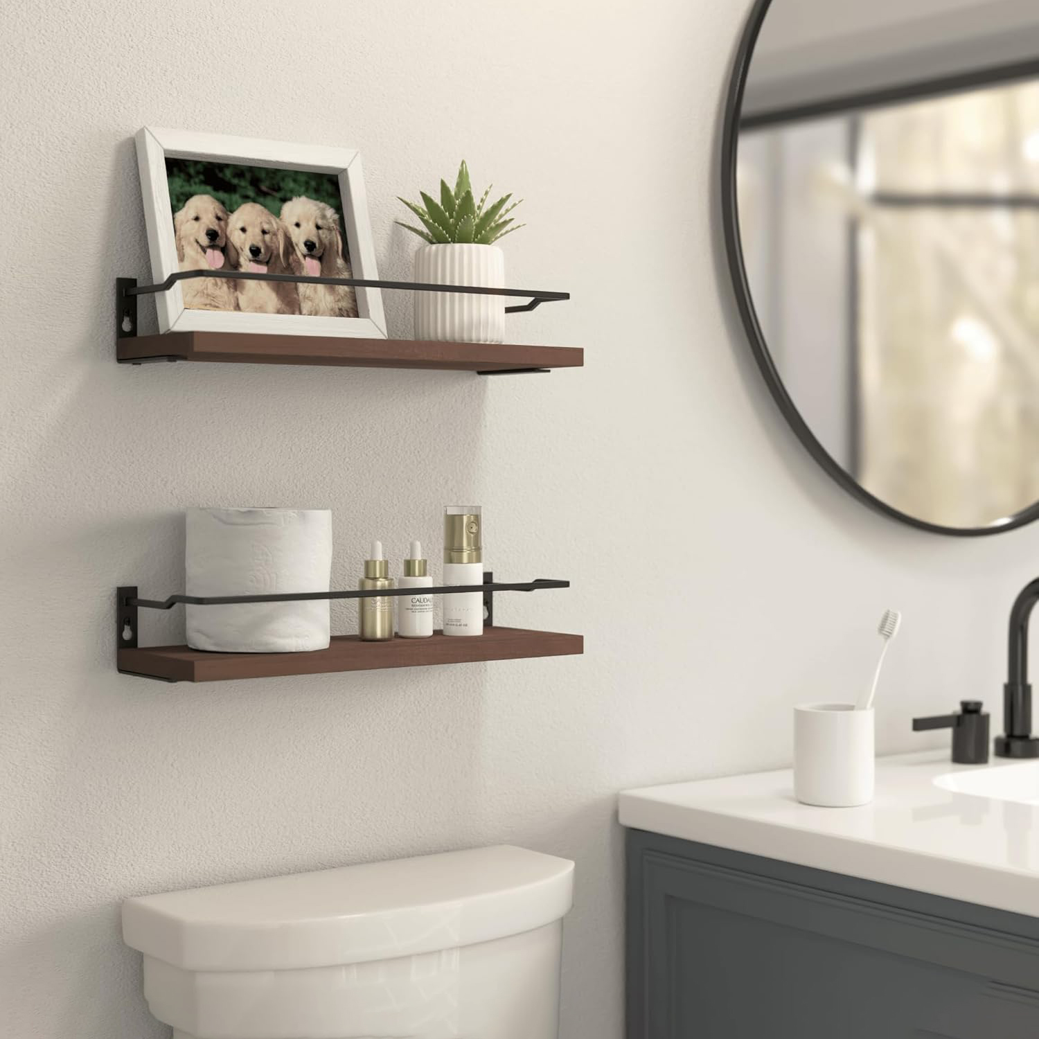 Set of 2 Rustic Wood Shelves Wall Mounted Floating Bathroom Shelves wooden wall shelves Bathroom & Living Room Decor Storage - Image 5