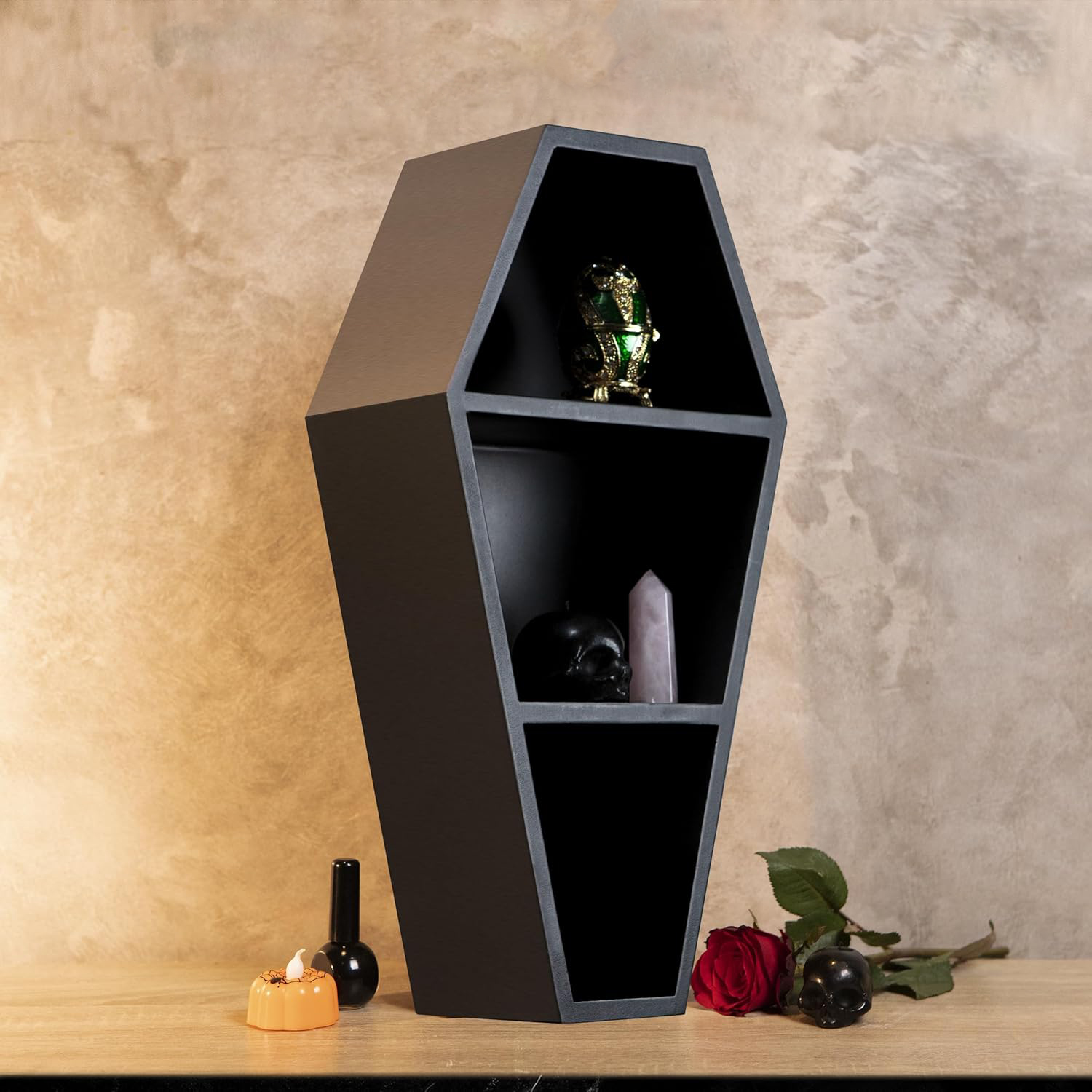 Hanging Wooden Shelf for wall Coffin shelf 3 Shelf Makeup Holder for Gothic Decor Free Standing or Wall Hanging Organizer Spooky Coffin Decor - Image 7