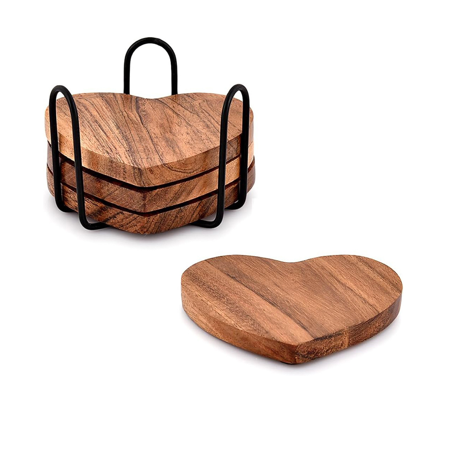 Acacia Wood Heart Shape Coaster Set of 4 with Iron Holder for Coffee Table Décor Housewarming Gift