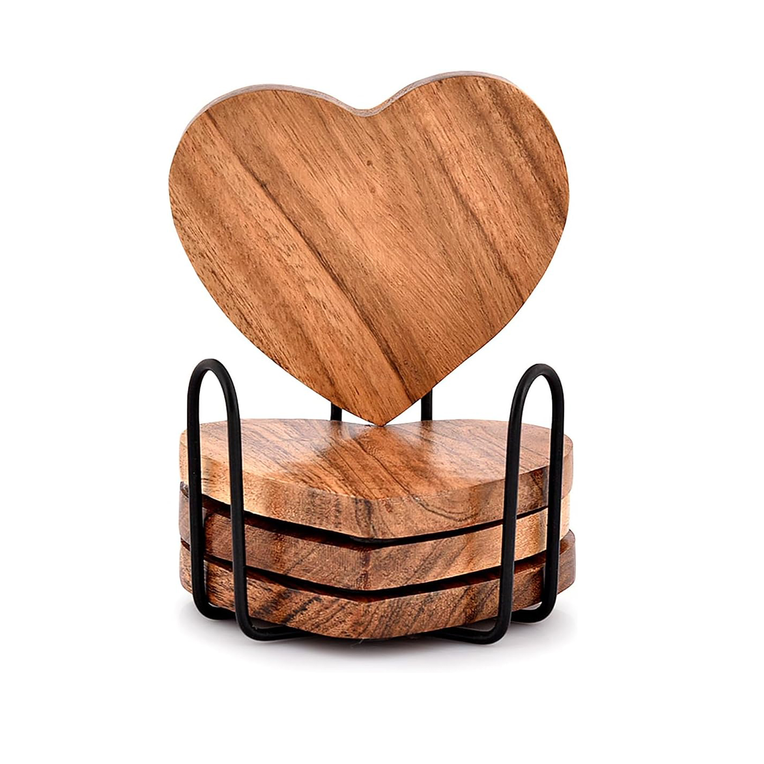 Acacia Wood Heart Shape Coaster Set of 4 with Iron Holder for Coffee Table Décor Housewarming Gift - Image 3