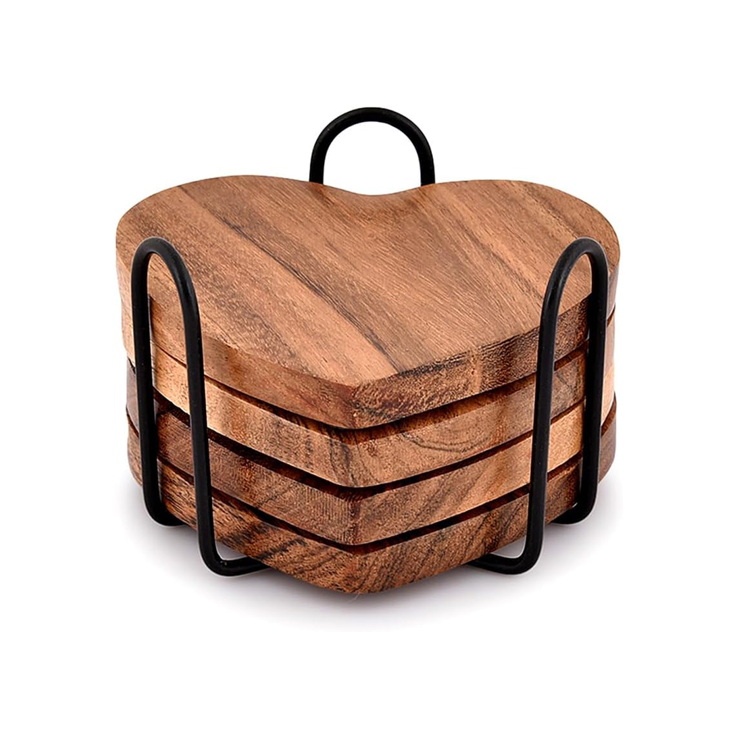 Acacia Wood Heart Shape Coaster Set of 4 with Iron Holder for Coffee Table Décor Housewarming Gift - Image 4