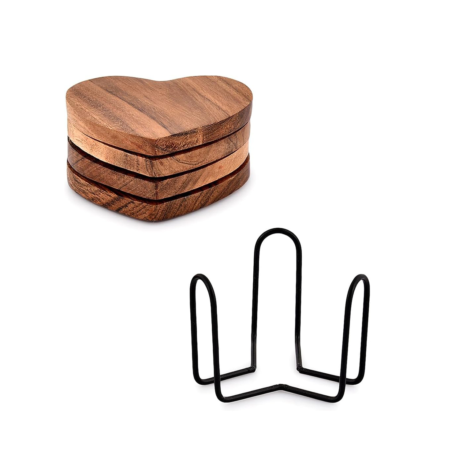 Acacia Wood Heart Shape Coaster Set of 4 with Iron Holder for Coffee Table Décor Housewarming Gift - Image 5