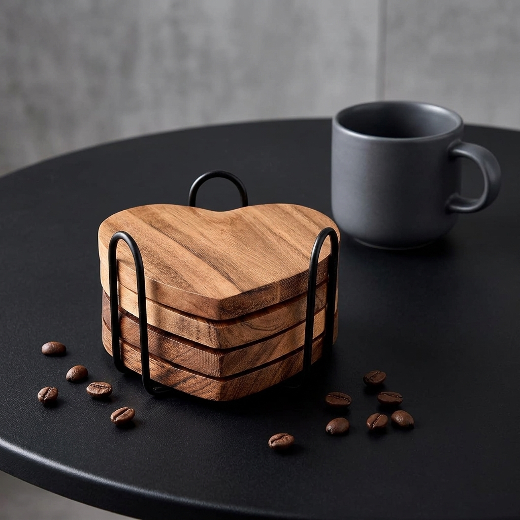 Acacia Wood Heart Shape Coaster Set of 4 with Iron Holder for Coffee Table Décor Housewarming Gift - Image 6