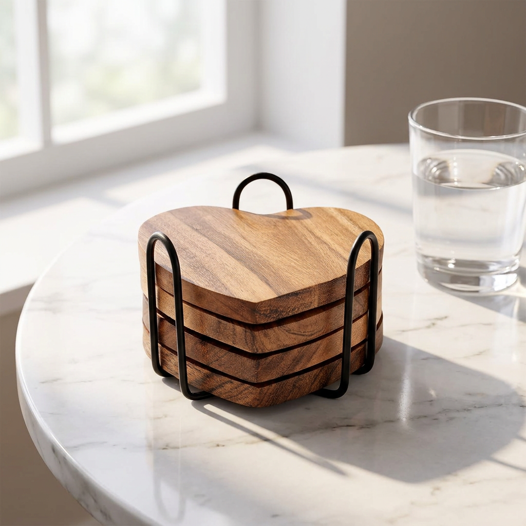 Acacia Wood Heart Shape Coaster Set of 4 with Iron Holder for Coffee Table Décor Housewarming Gift - Image 7