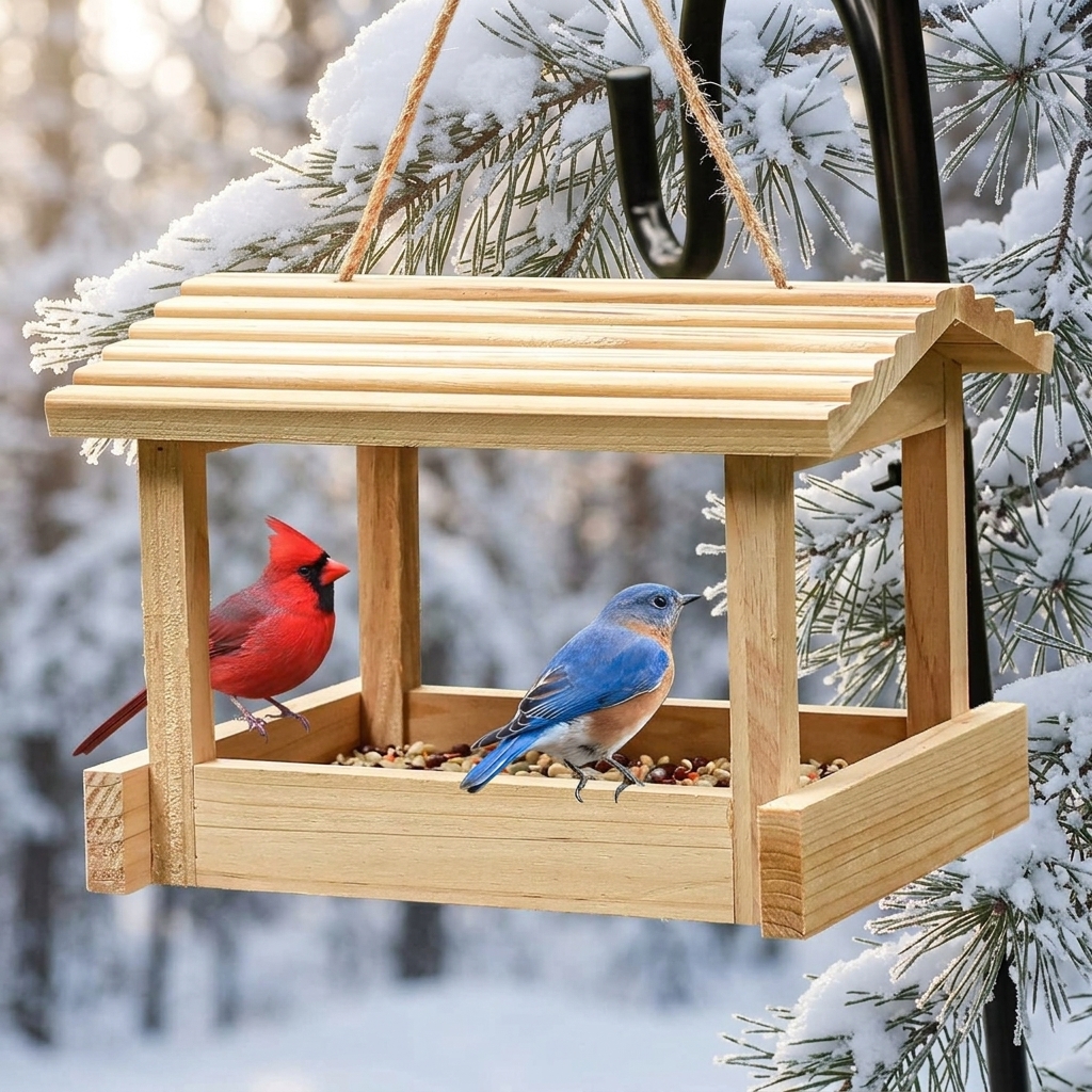 Hanging wooden bird feeder house