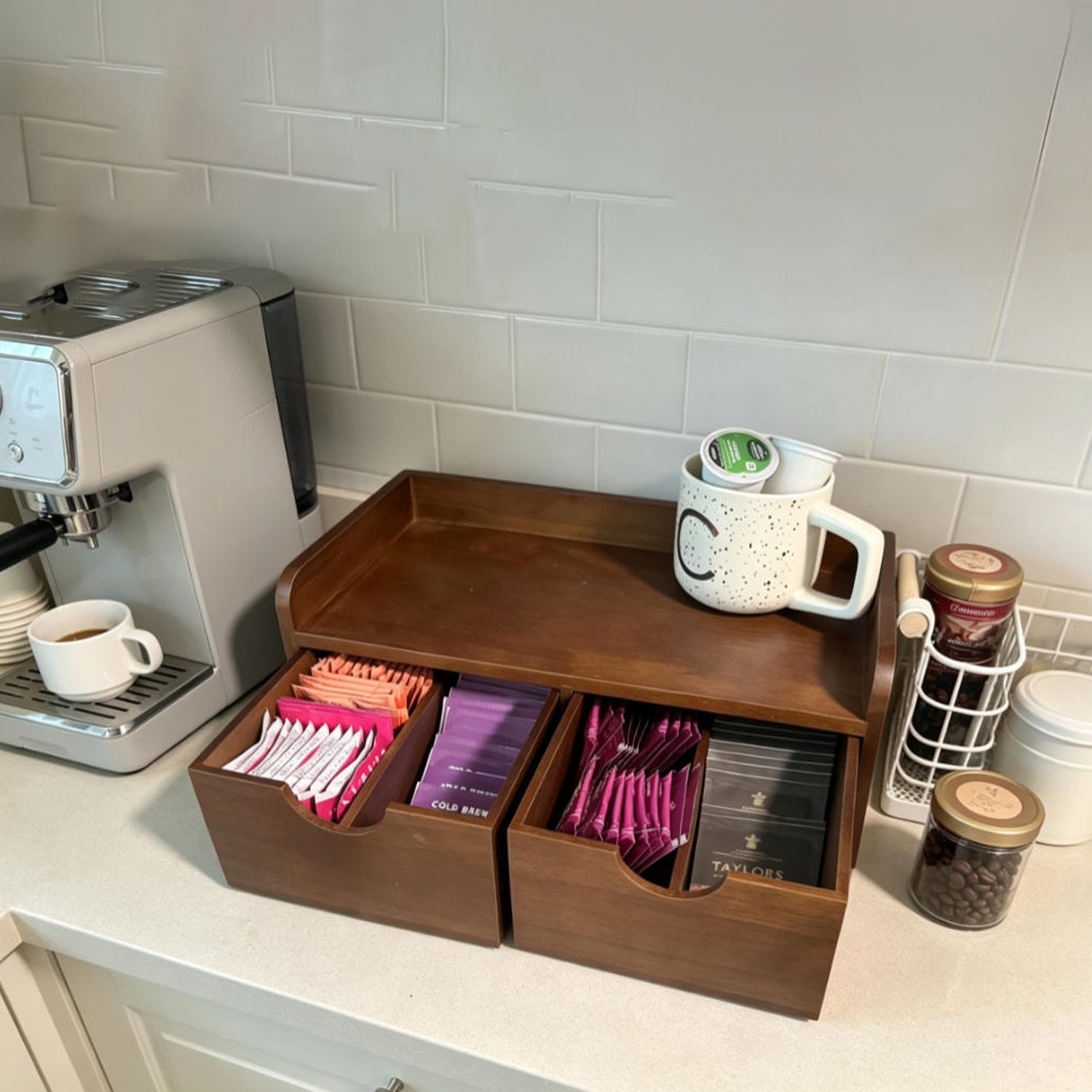 Acacia Wood Tea Bag Organizer Drawer, Large Capacity Tea Storage Box for Countertop, Kitchen & Office Tea Station Accessories - Image 4