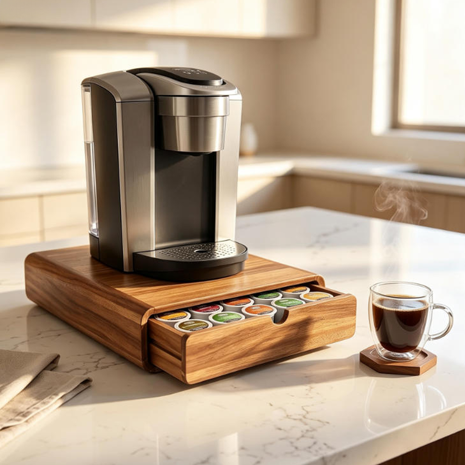 Wooden Coffee Capsule Storage Drawer - Large Capacity K-Cup Organizer for Kitchen Counter, Eco-Friendly Coffee Station Decor - Image 4