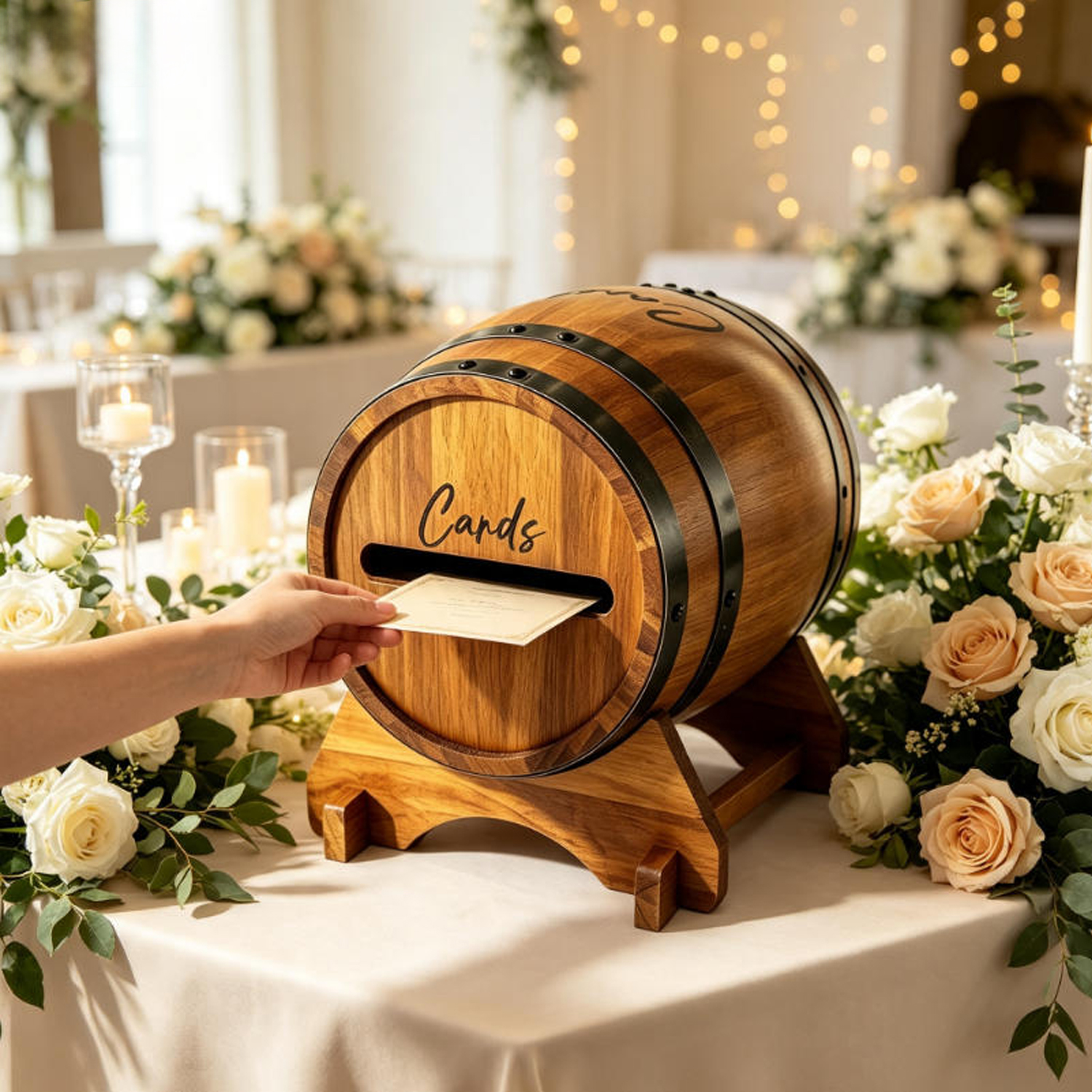 Wooden Wedding Card Box for Reception Whiskey Barrel Gift Card Box for Party Birthday Wedding Decor Money Envelope Boxes with Slot & Holder - Image 4