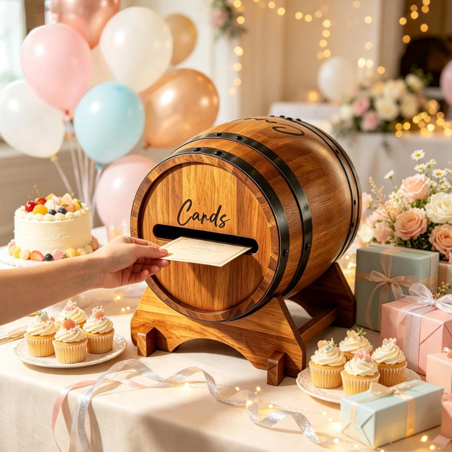 Wooden Wedding Card Box for Reception Whiskey Barrel Gift Card Box for Party Birthday Wedding Decor Money Envelope Boxes with Slot & Holder - Image 5