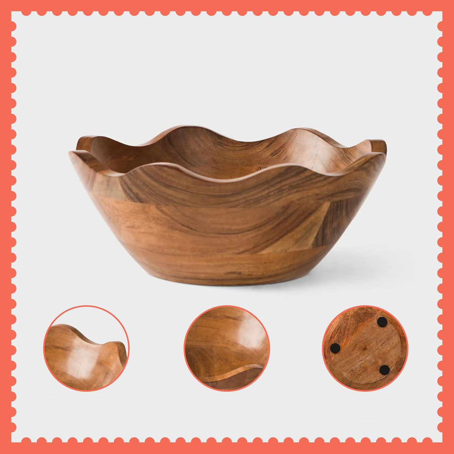 10 Inch Scalloped Mango Wood Bowl - Hand Carved Decorative Fruit Serving Bowl, Rustic Wooden Centerpiece for Kitchen Counter, Dining Table & Farmhouse Decor - Image 5