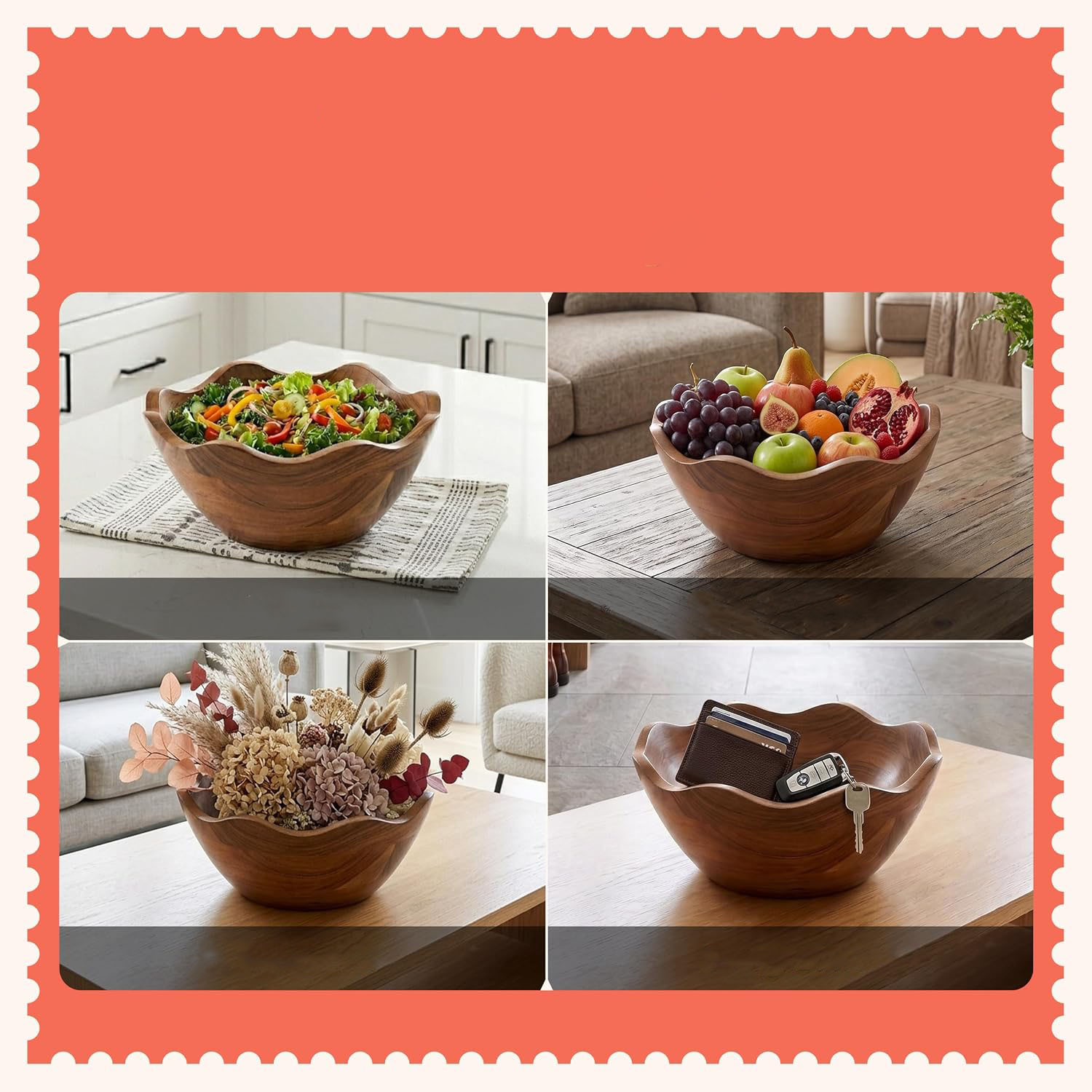 10 Inch Scalloped Mango Wood Bowl - Hand Carved Decorative Fruit Serving Bowl, Rustic Wooden Centerpiece for Kitchen Counter, Dining Table & Farmhouse Decor - Image 6