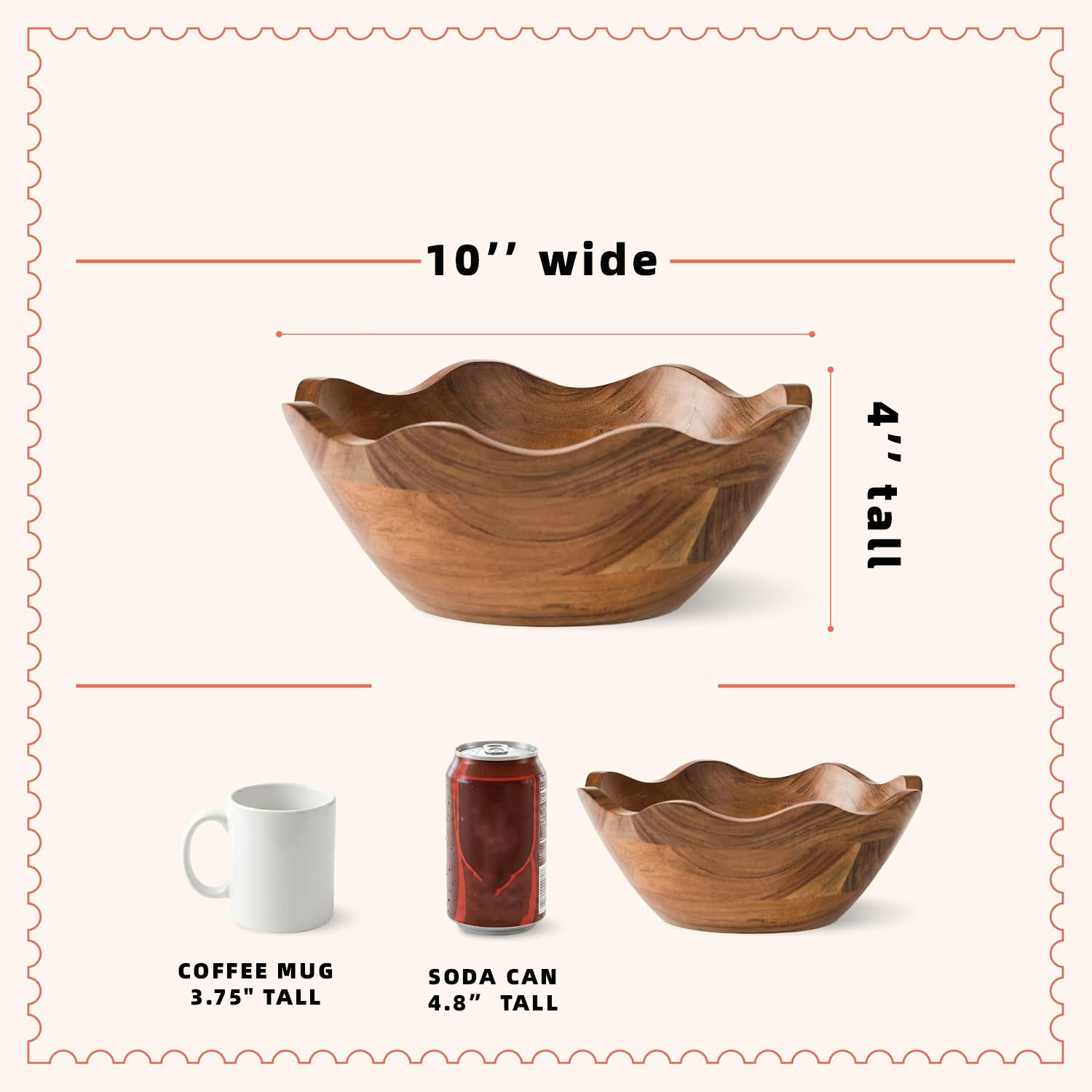 10 Inch Scalloped Mango Wood Bowl - Hand Carved Decorative Fruit Serving Bowl, Rustic Wooden Centerpiece for Kitchen Counter, Dining Table & Farmhouse Decor - Image 7