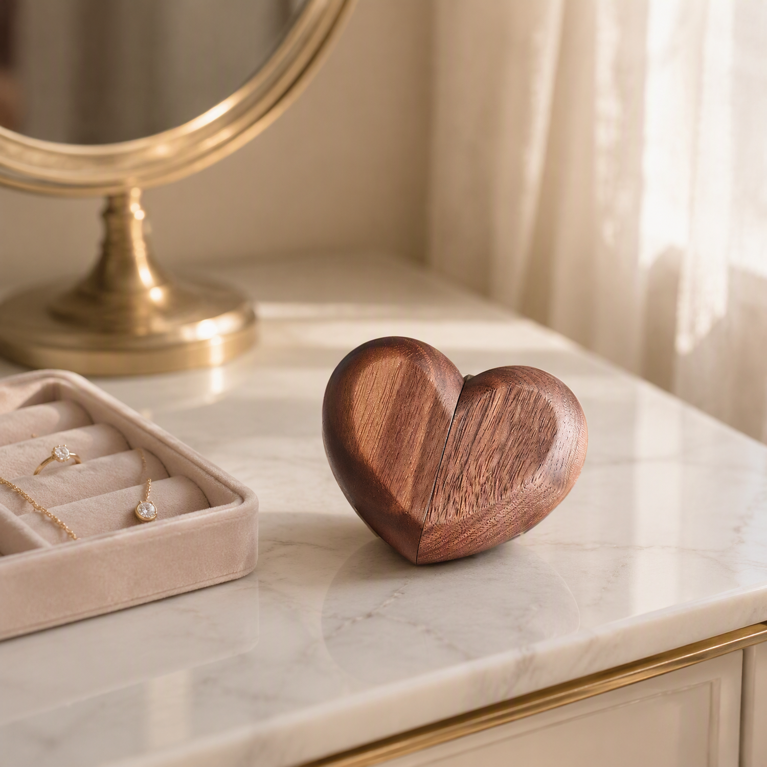 Heart-Shaped Walnut Ring Box Portable Wooden Jewelry Storage Case for Proposal Engagement Wedding Travel Keepsake Display - Image 5