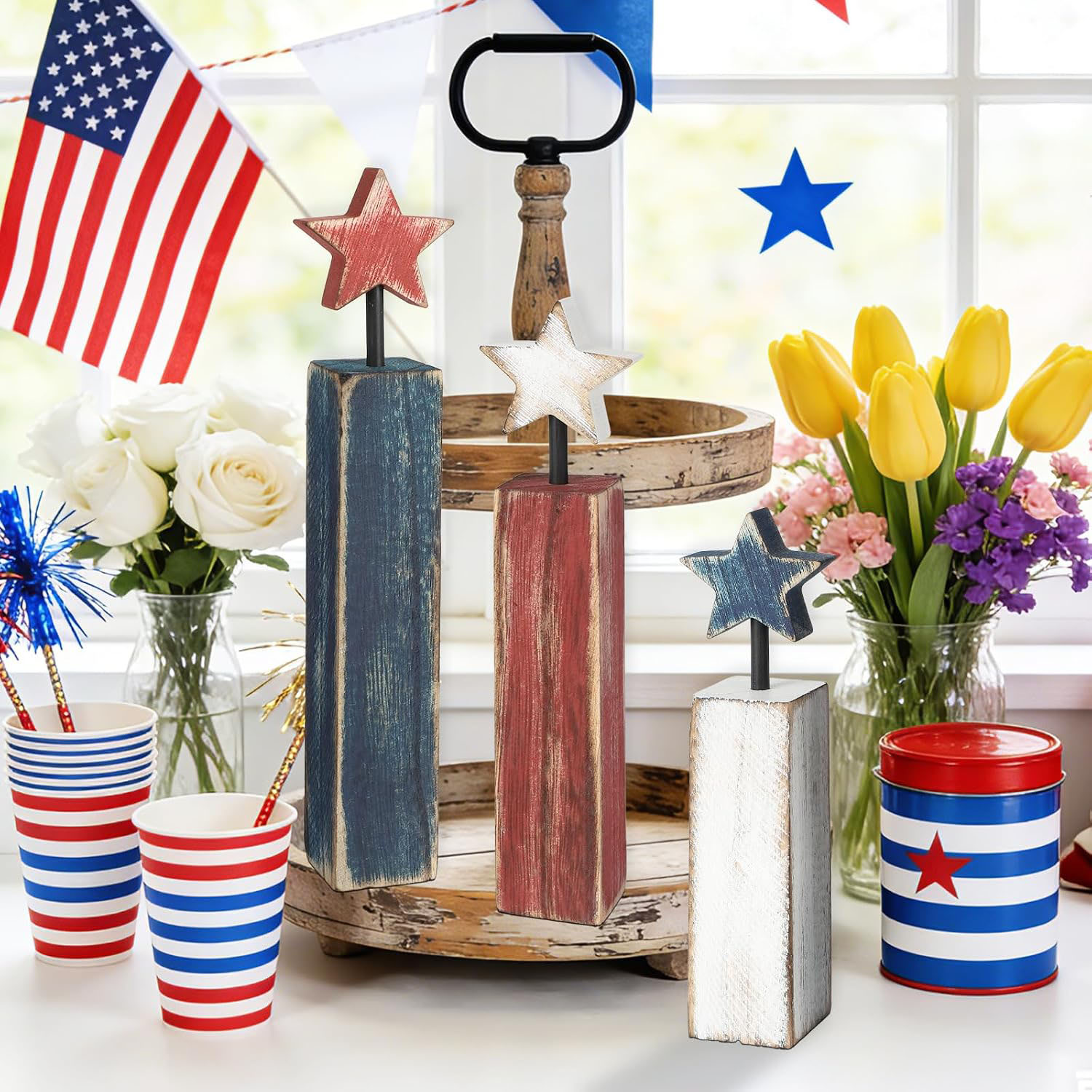3Pcs Red White Blue Retro Tiered Wood Tray Decorations Durable Home Office Decor - Image 3