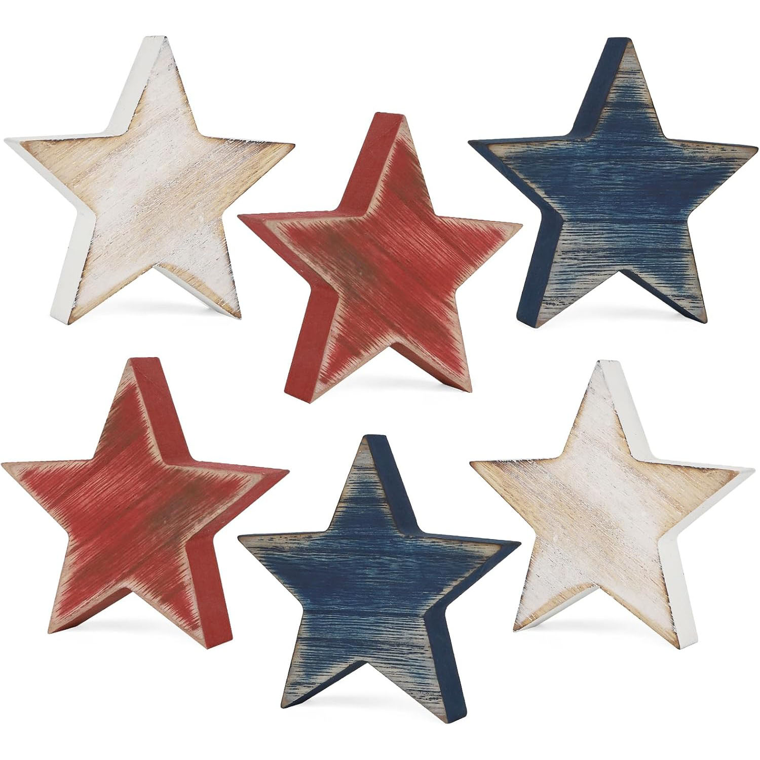 Durable Wooden Star Set 6 Patriotic Red White Blue Tiered Tray Decor Home Office Table Shelf (Retro Solid) - Image 2