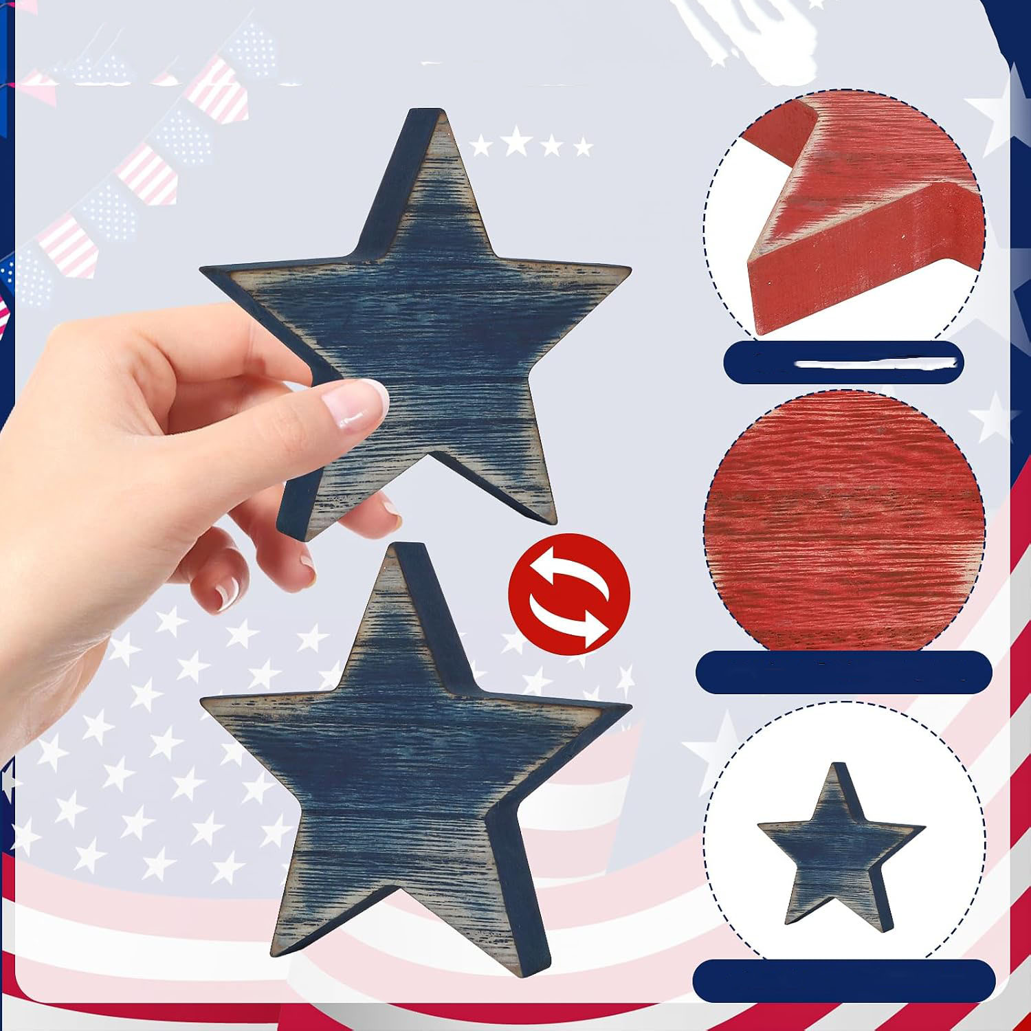 Durable Wooden Star Set 6 Patriotic Red White Blue Tiered Tray Decor Home Office Table Shelf (Retro Solid) - Image 7