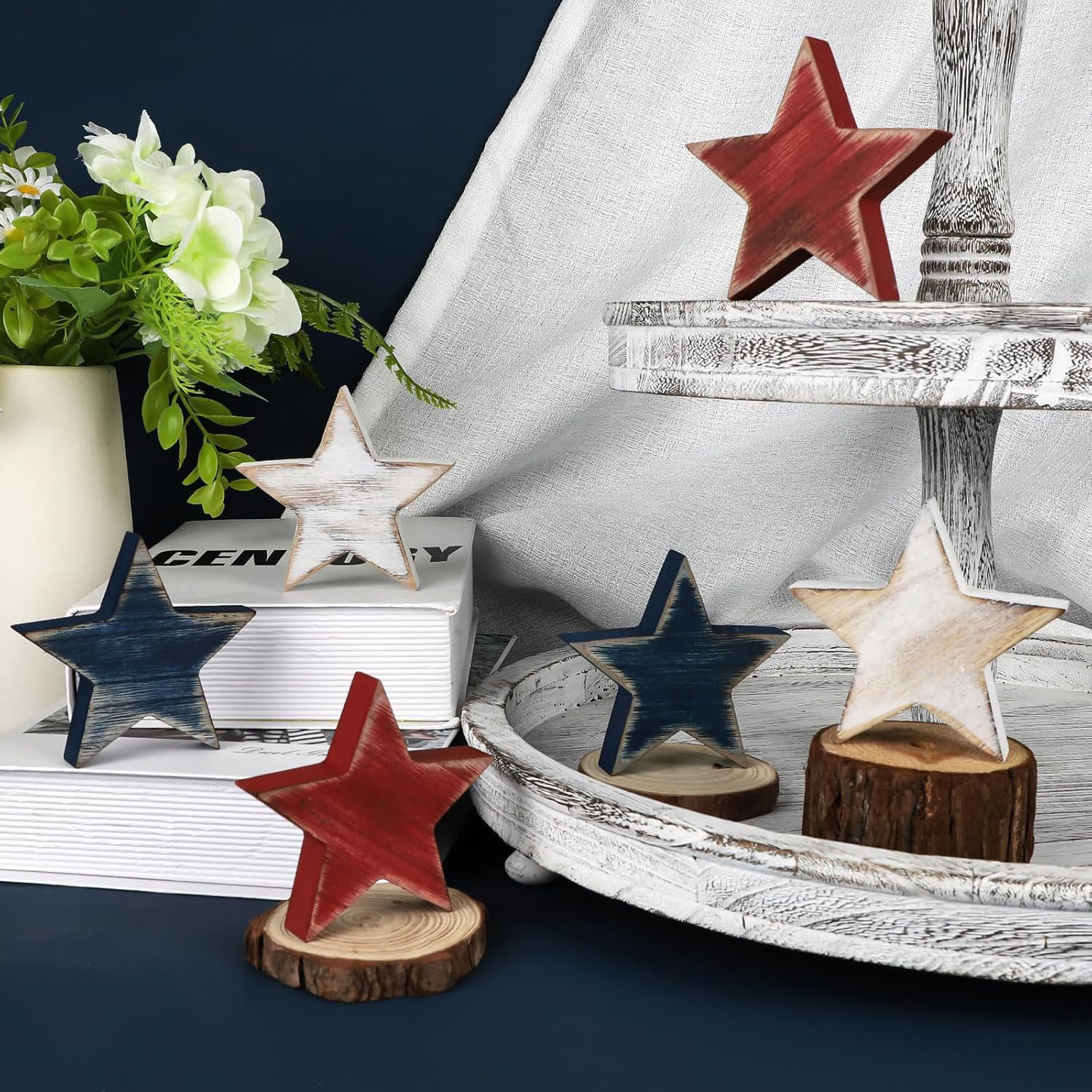 Durable Wooden Star Set 6 Patriotic Red White Blue Tiered Tray Decor Home Office Table Shelf (Retro Solid) - Image 6