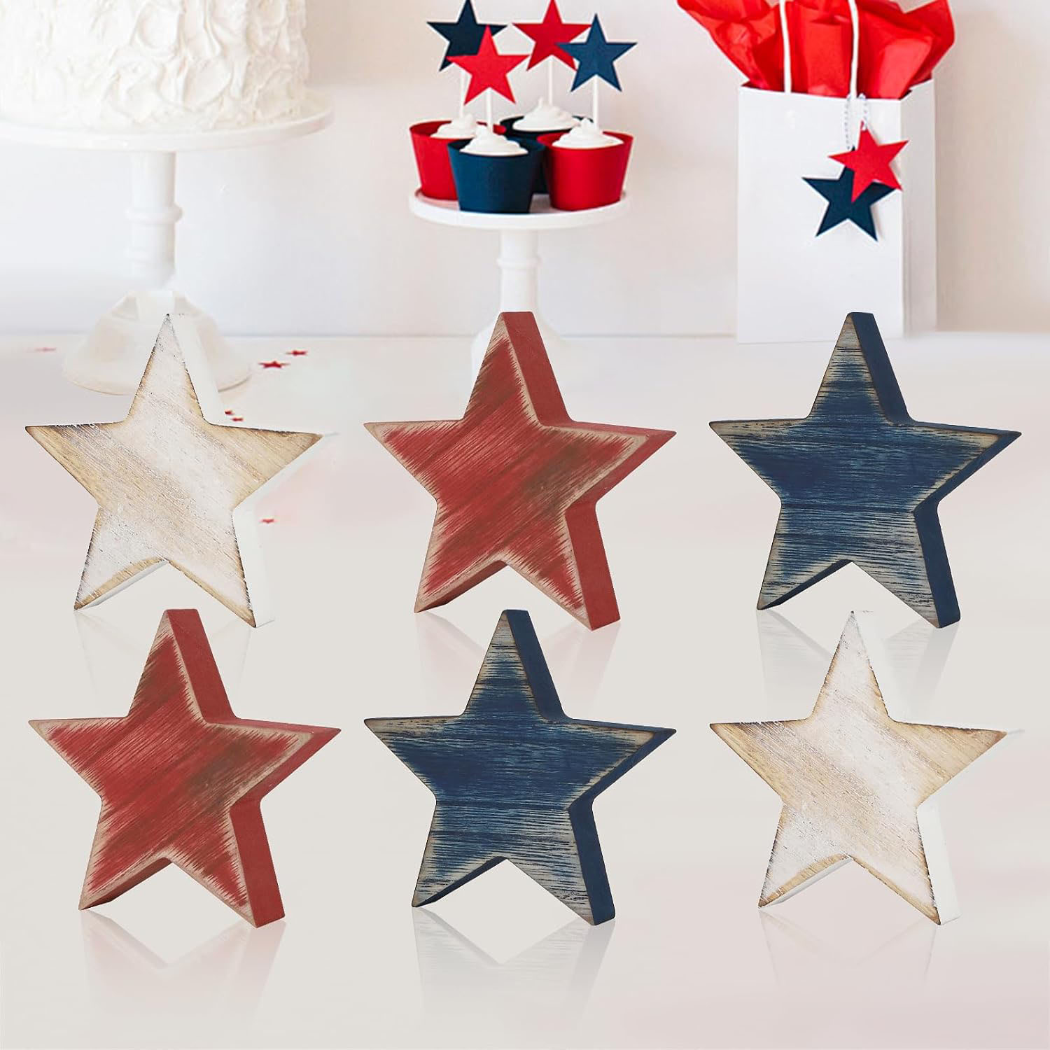 Durable Wooden Star Set 6 Patriotic Red White Blue Tiered Tray Decor Home Office Table Shelf (Retro Solid) - Image 5